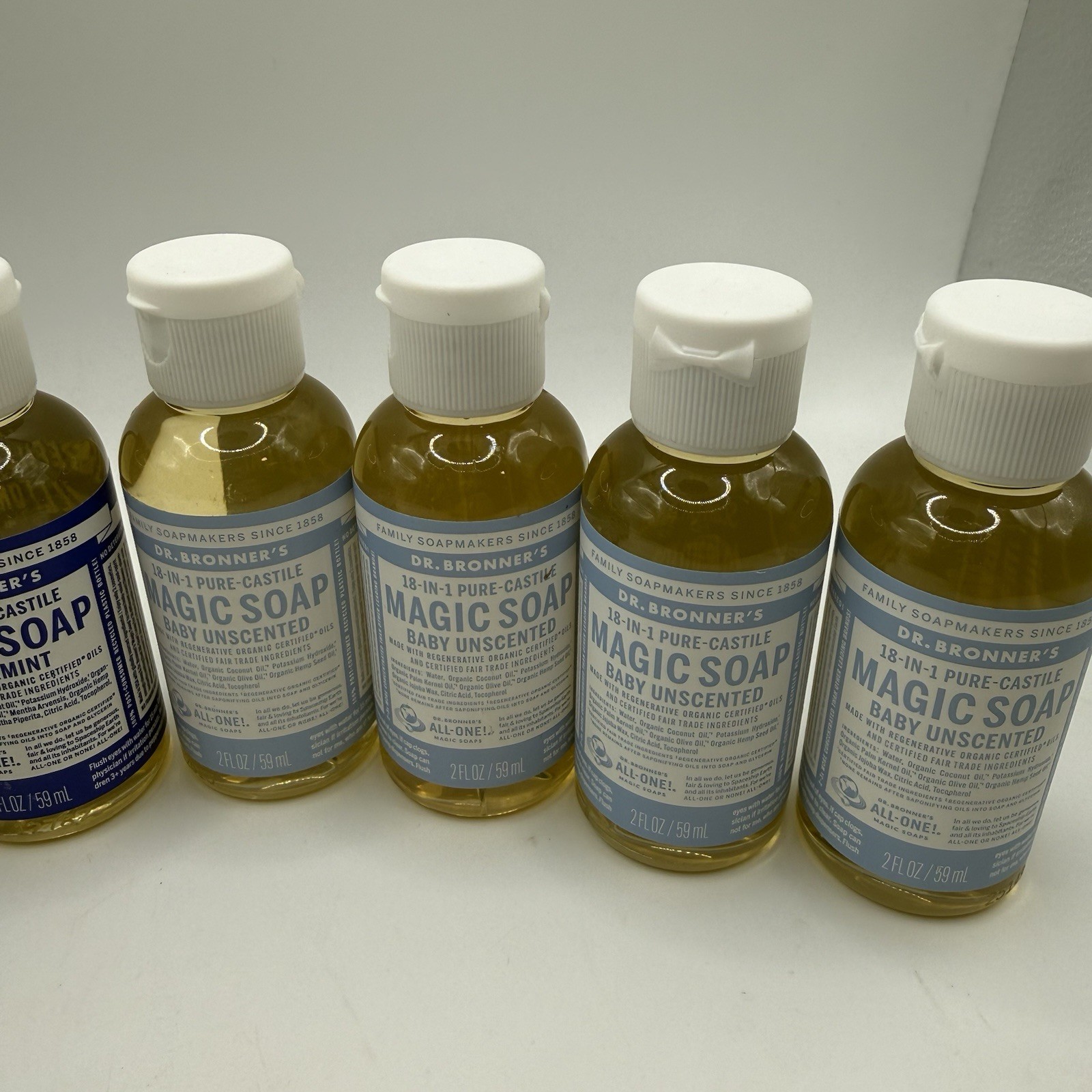 Lot 8 Dr Bronner’s 2oz Magic Soap Peppermint & Baby Unscented Travel