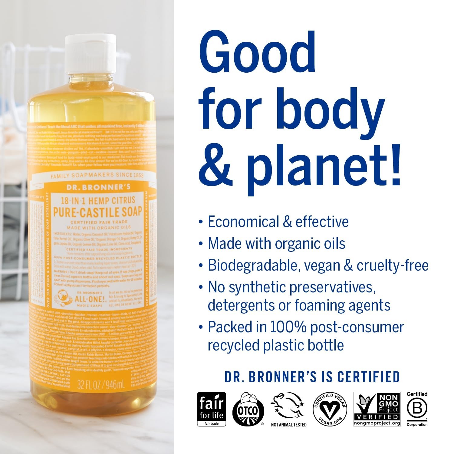 Eco-Friendly 32oz Pure-Castile Citrus Soap – Concentrated 18-in-1 Cleaner