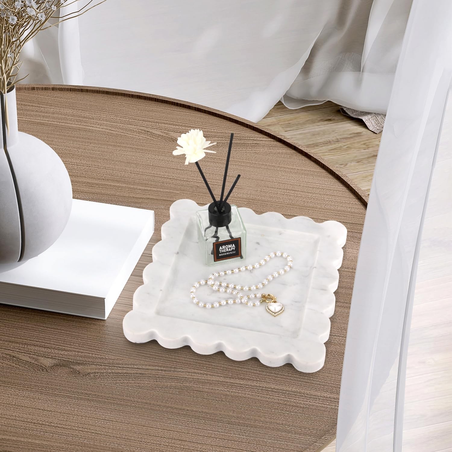 Square Marble Decorative Tray Scalloped Edge Natural Italian Stone 8×8