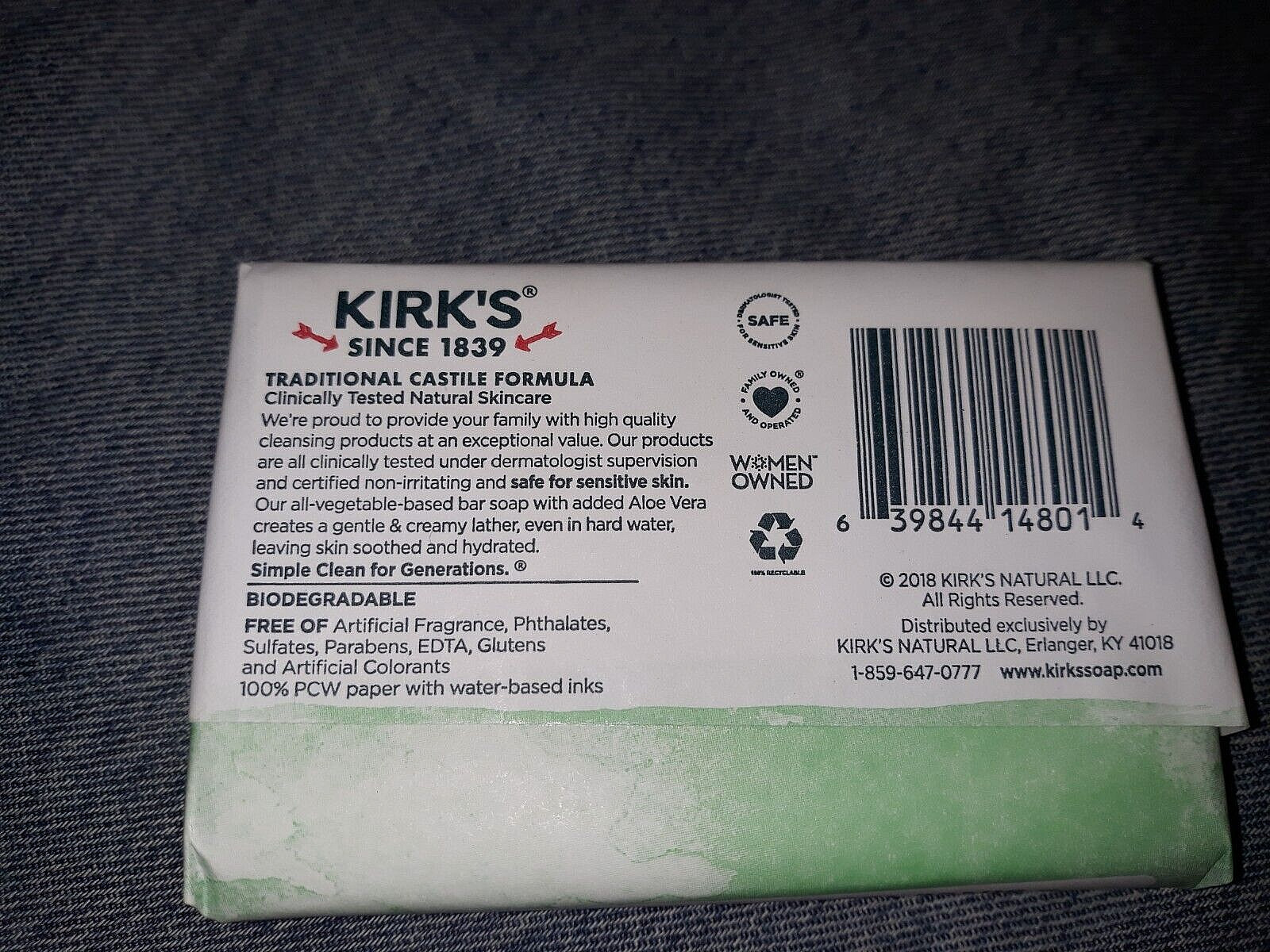 Kirk’s Original 100% Coconut Oil Castile Soothing Aloe Vera 4 Oz Soap Bars x10