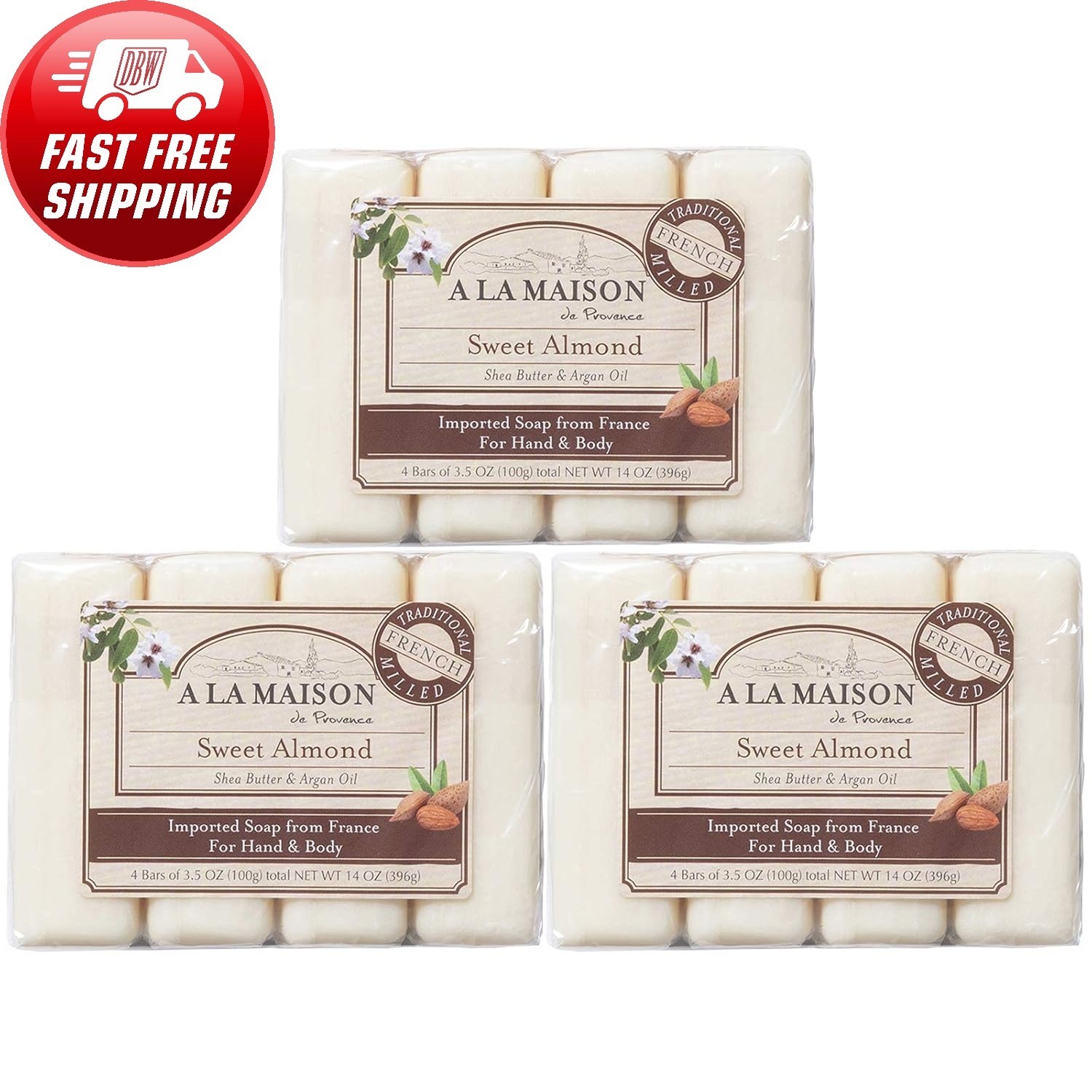 (3 pack) A LA MAISON Sweet Almond Bar Soap (12 Bars of Soap, 3.5 oz)