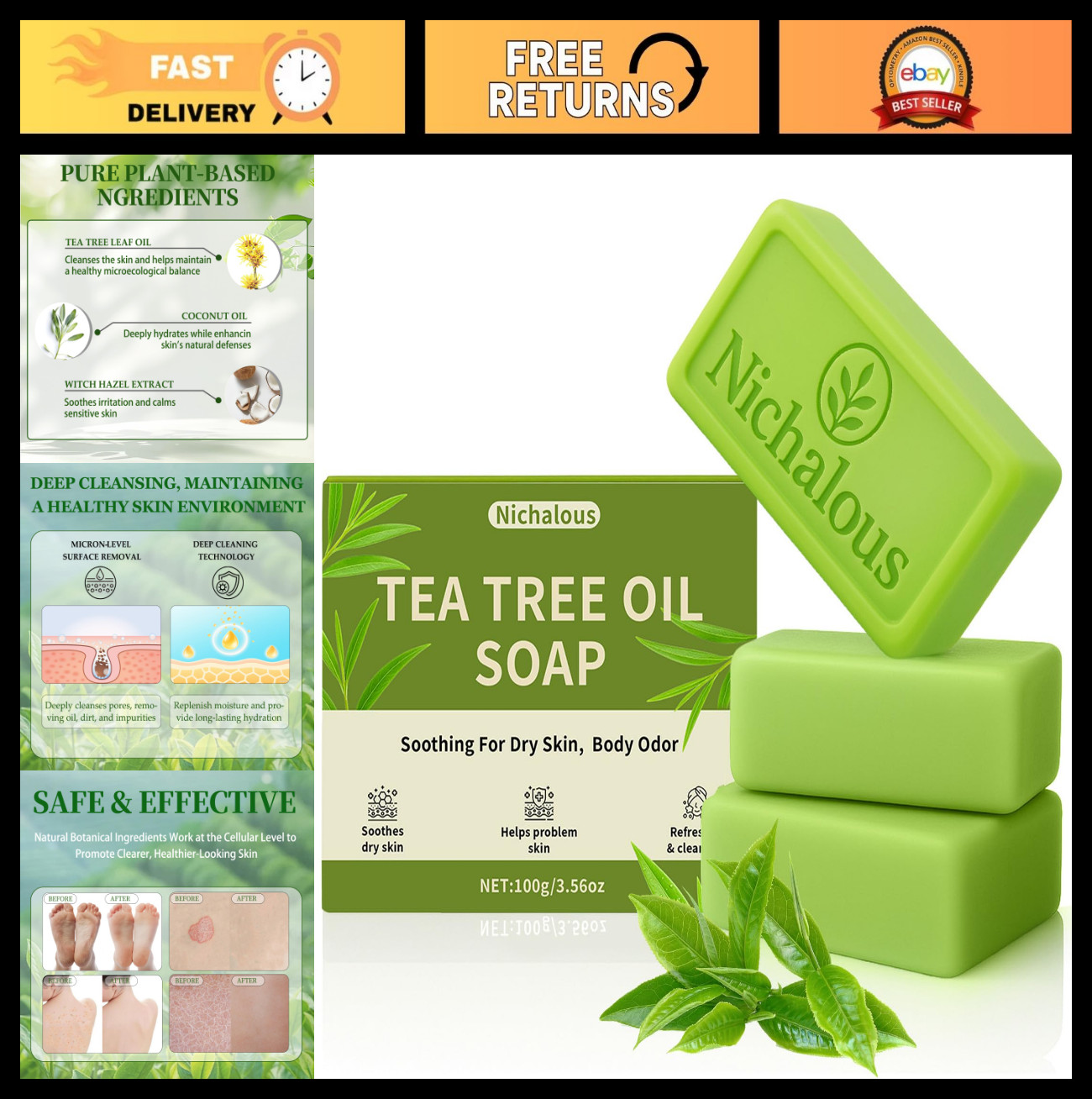 3PCS Tea Tree Oil Soap Bars – Purifying Body Cleanser with Coconut Oil, Plant-Ba