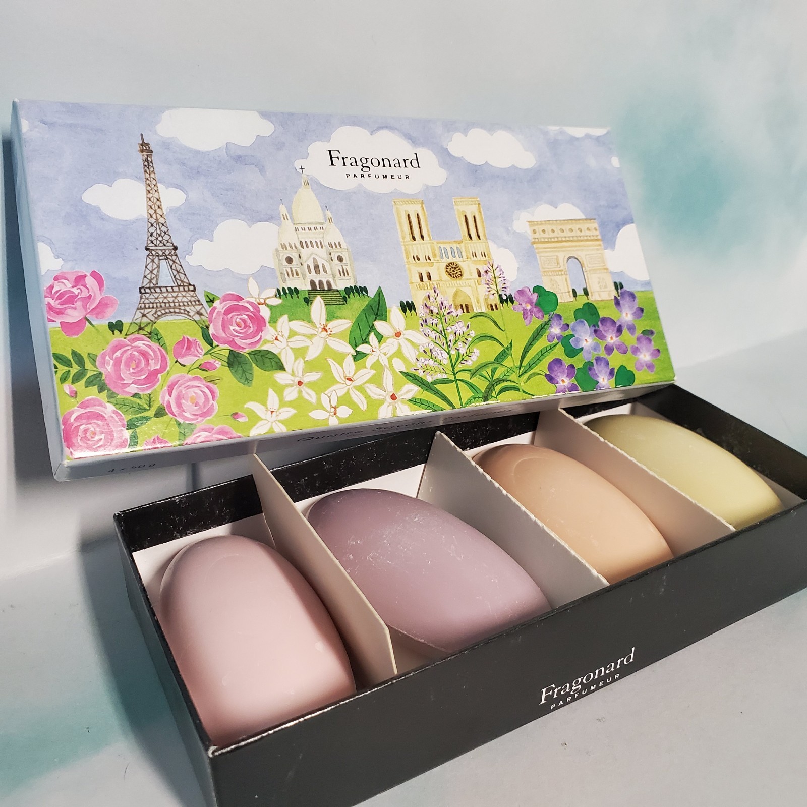 Fragonard Perfumed Soap Set 4 x 50g Pink Purple Beige Yellow Unisex Oval