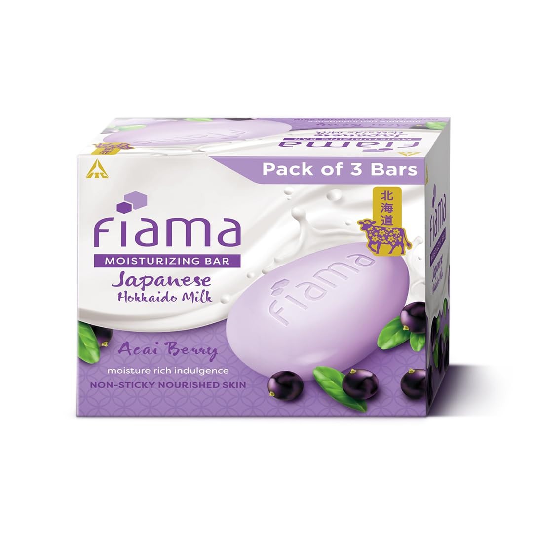 Fiama Moisturizing Soap Bar, Japanese Hokkaido Milk & Acai Berry, Soap Pack of 3