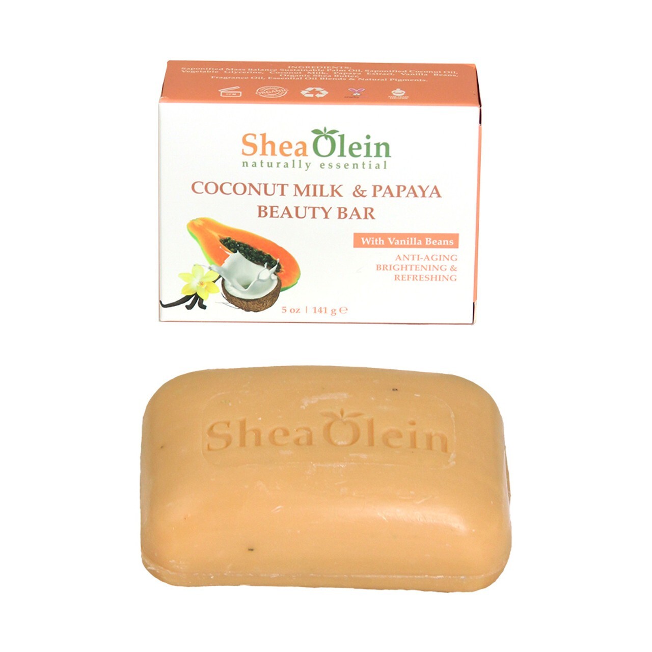 Coconut Milk & Papaya Shea Olein Natural Soap 5 oz Bar With Vanilla Beans