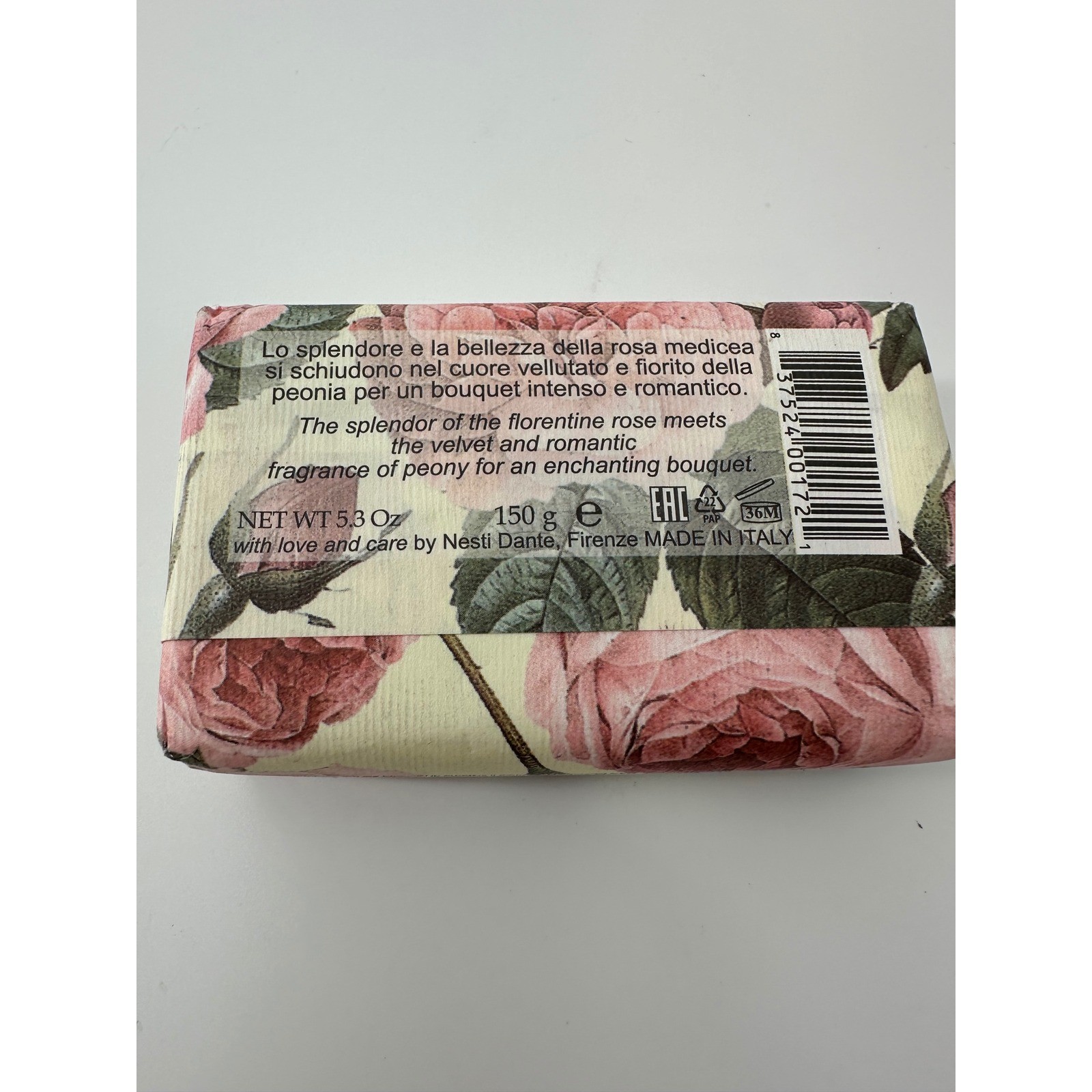 Nesti Dante Romantica Florentine Rose and Peony Soap Bar 5.3oz Made in Italy