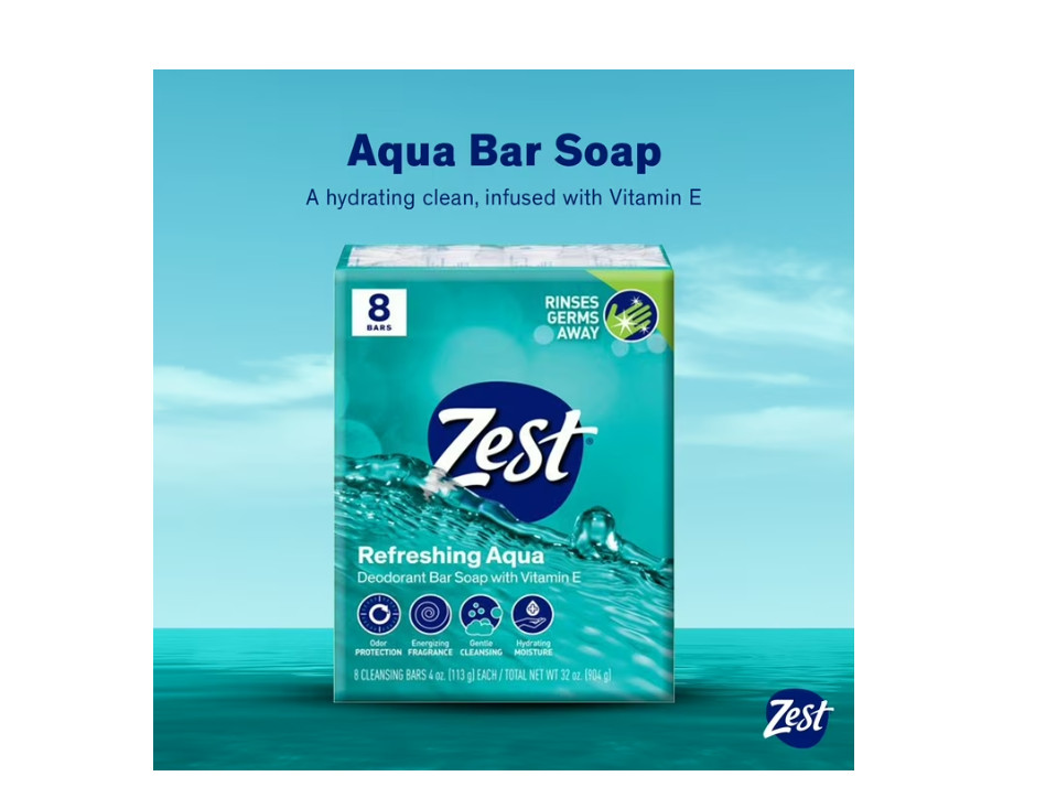 Zest Deodorant Bar Soap, Hydrating Moisture for All Skin Types, Aqua, 4 oz, 4P