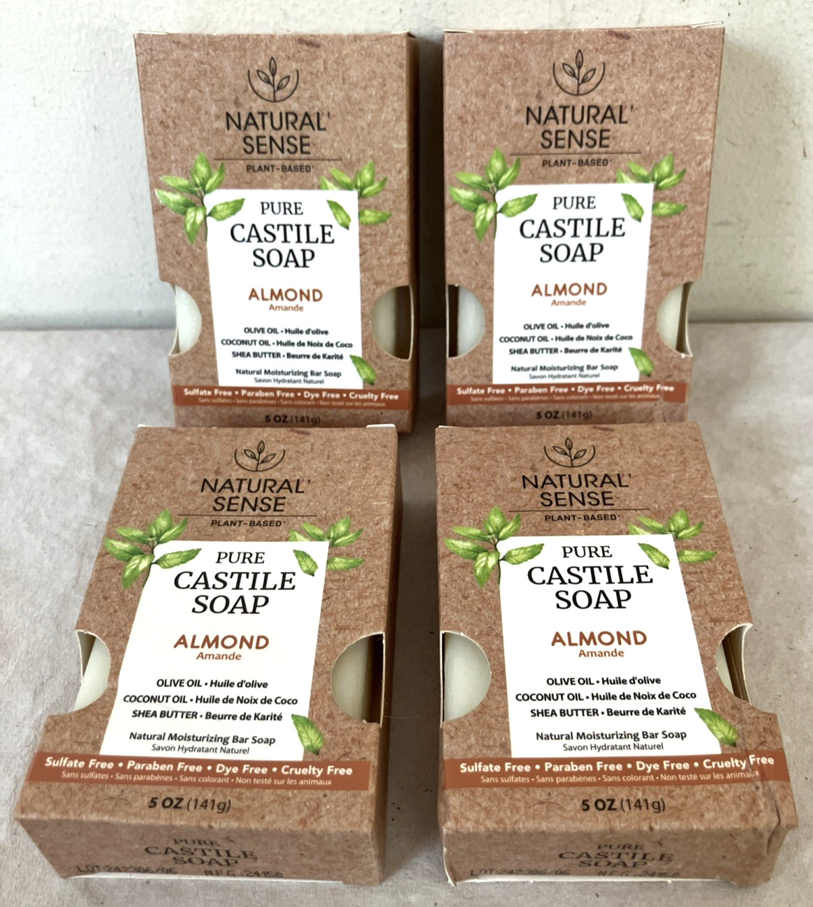 Set 4 Natural Sense Almond Castile Soap Bar 5oz Shea Butter Olive Coconut Oil