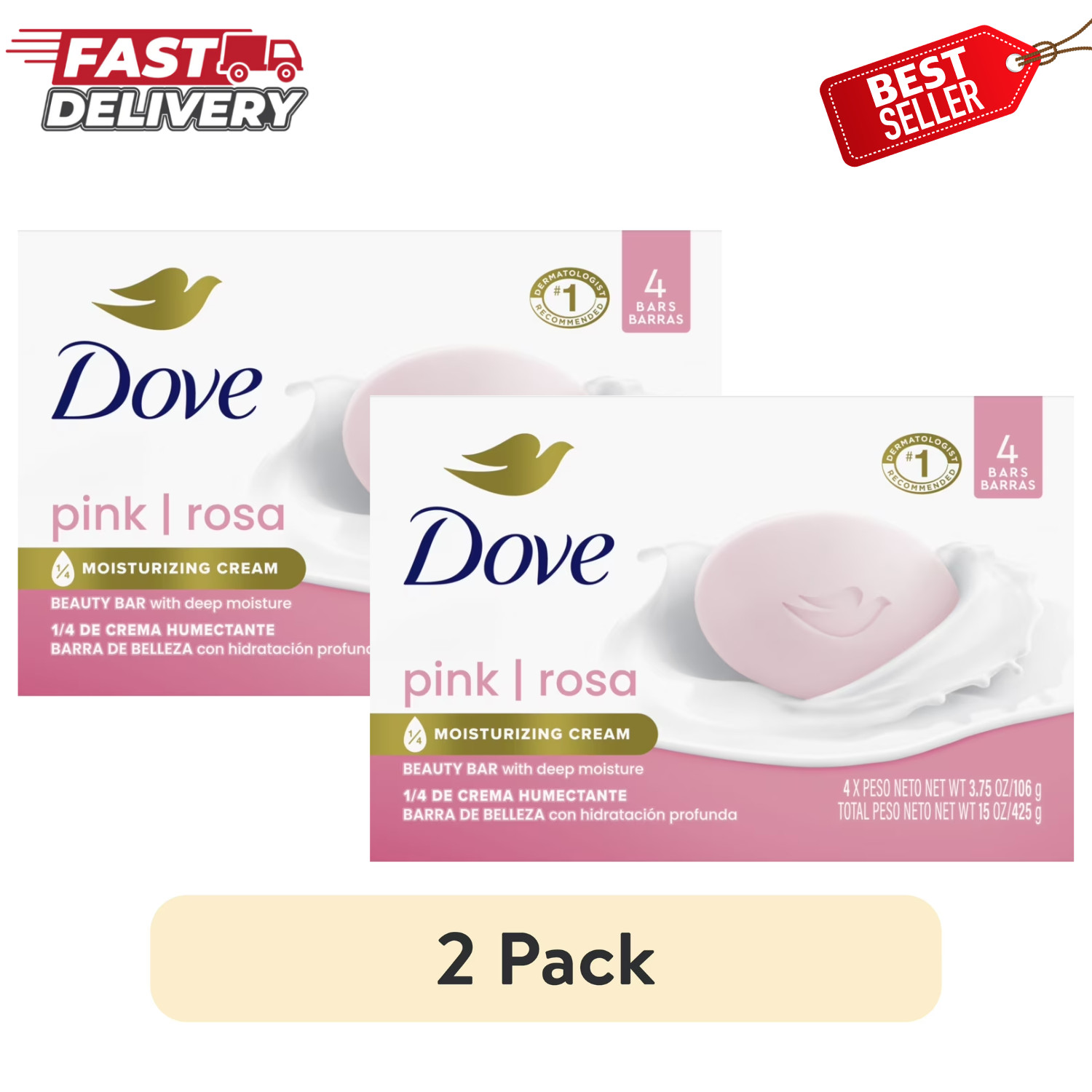 Dove Pink Rosa Beauty Bar Soap 3.75oz 4 Bars (2 Pack Total 8 Bars) Skin Care