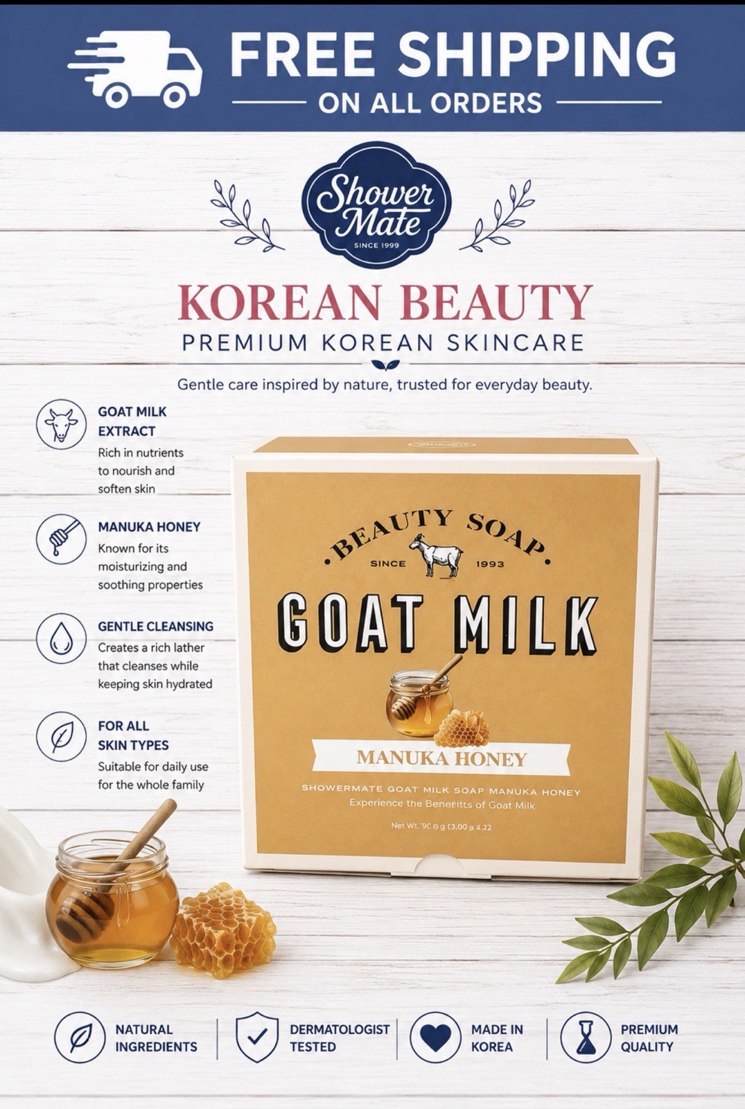 SHOWER MATE (12 BARS!) KOREAN Goat’s Milk Soap With Manuka Honey & Vitamin E!