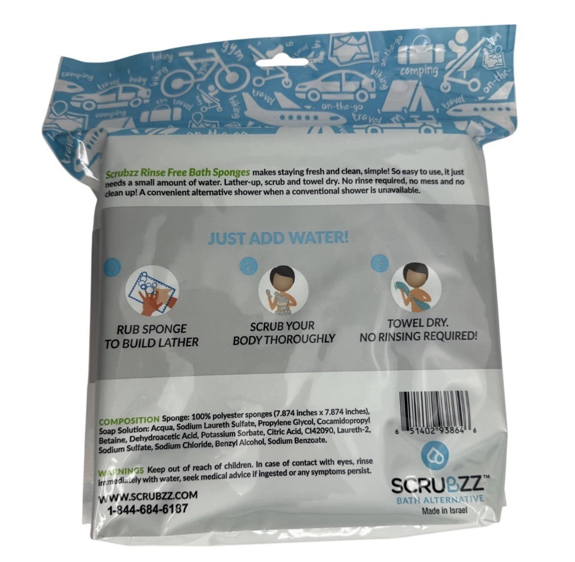 SCRUBZZ Rinse-Free Bathing Sponges Just Add Water Baby Elderly Care Lot-75 Total