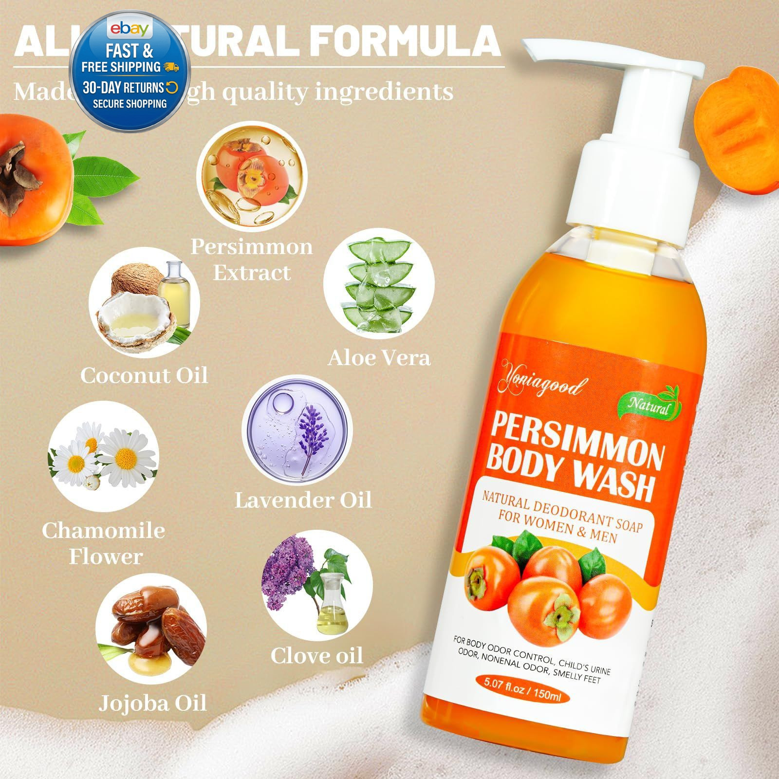2 PCS Persimmon Body Wash for Strong Odor 5.07 Fl Oz (Pack of 2)