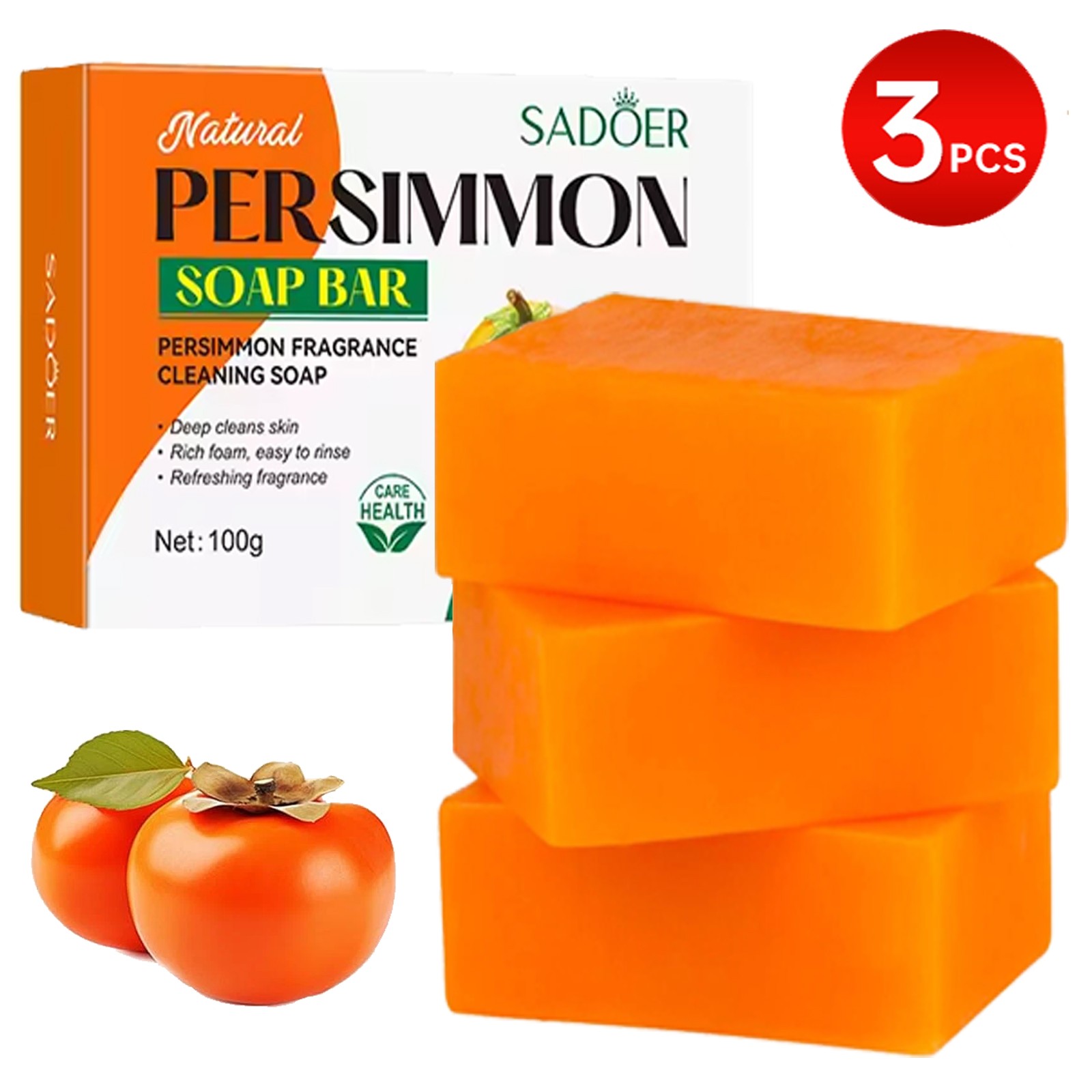 3PCS Persimmon Soap for Old People Smell, Organic Deodorant Bath Bar Body Odor