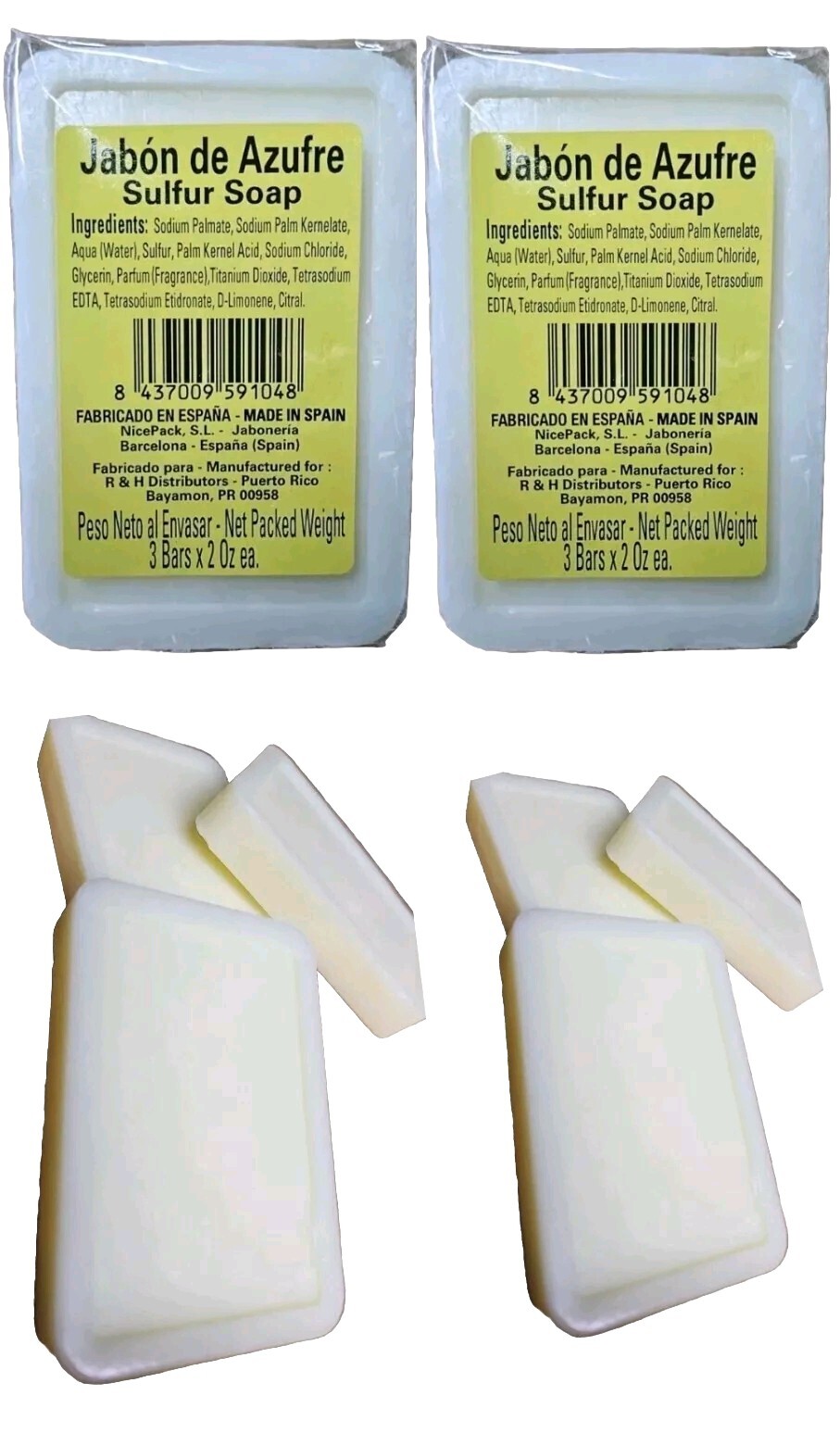 Original Jabon Azufre Sulfur Oil Soap Bars Made in Spain 6 Bars-2 0z. Ea.