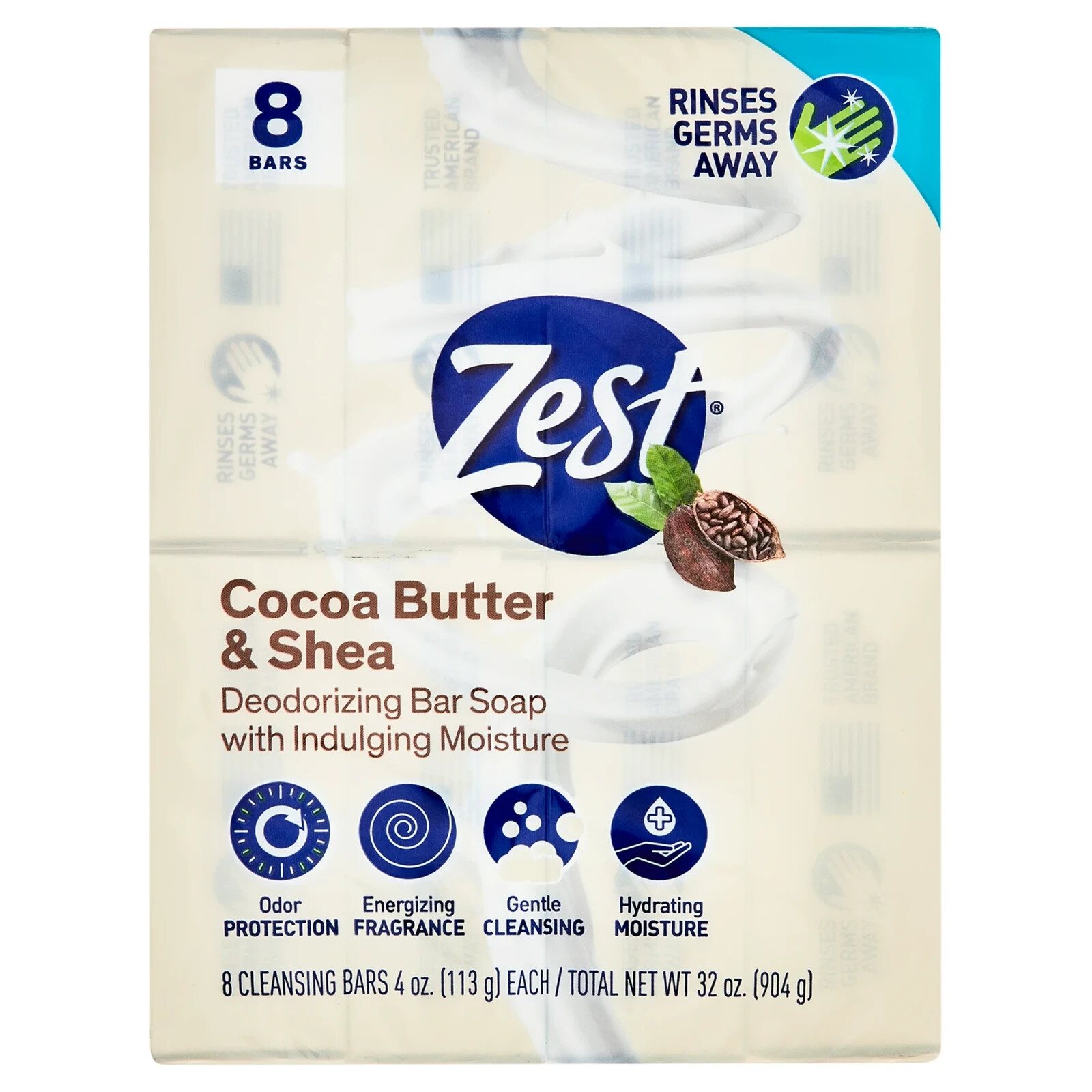 Zest Cocoa Butter & Shea Deodorizing Bar Soap Moisture, 8 Bars, 4 oz each…