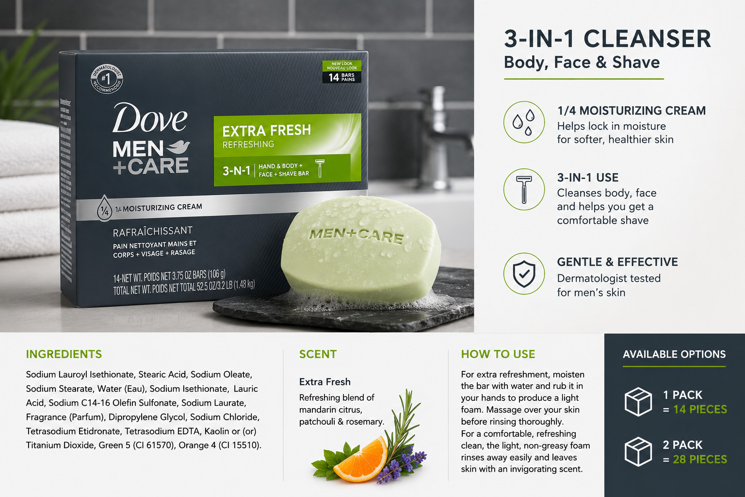 Dove Men+Care Extra Fresh 3-in-1 Body Face Shave Moisturizing Bar Soap