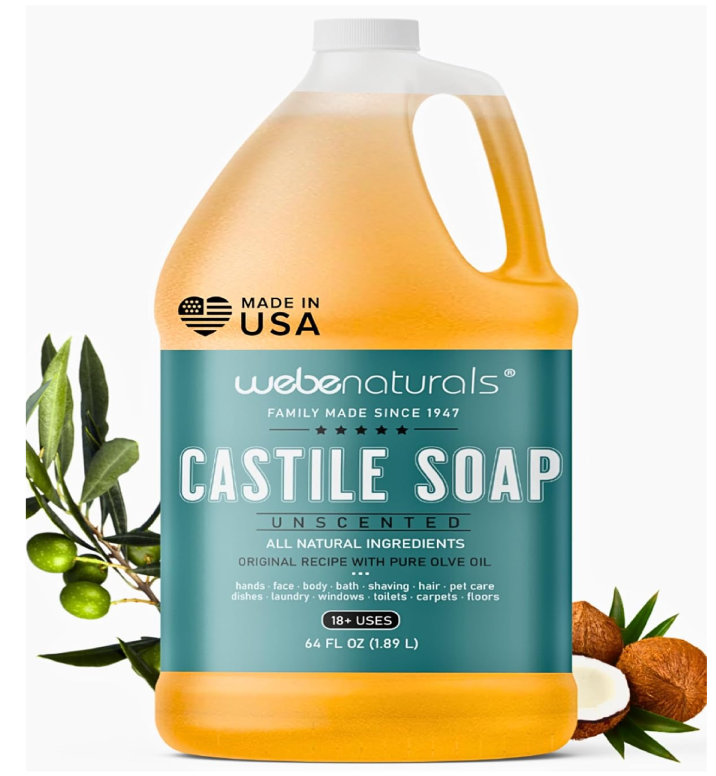 Pure Castile Soap Liquid Organic, Certified Palm 64 Fl Oz (Pack of 1) Unscented