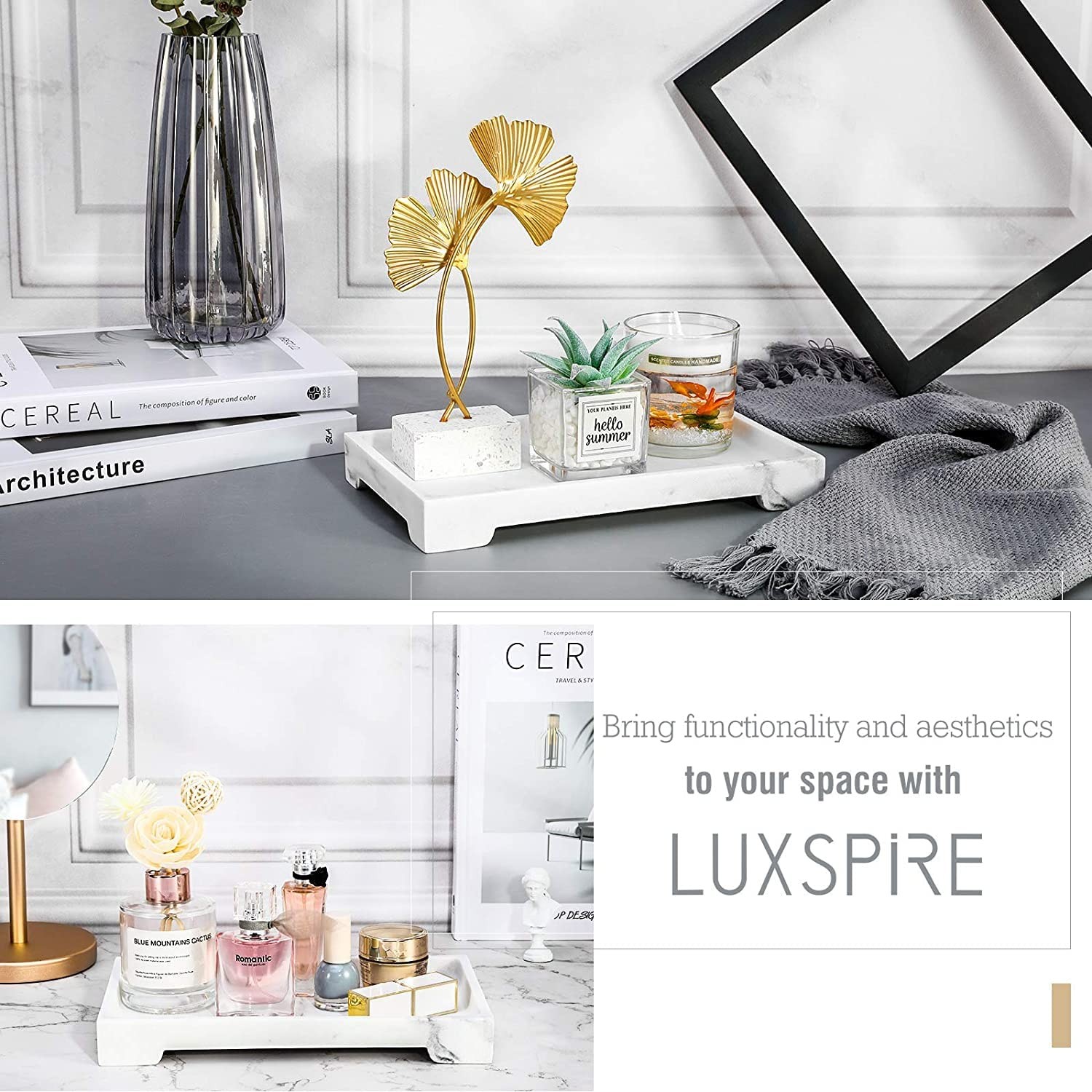 Luxspire Bathroom Vanity Tray, 10 x 6 inch Marble Bathroom Perfume Tray Dresser
