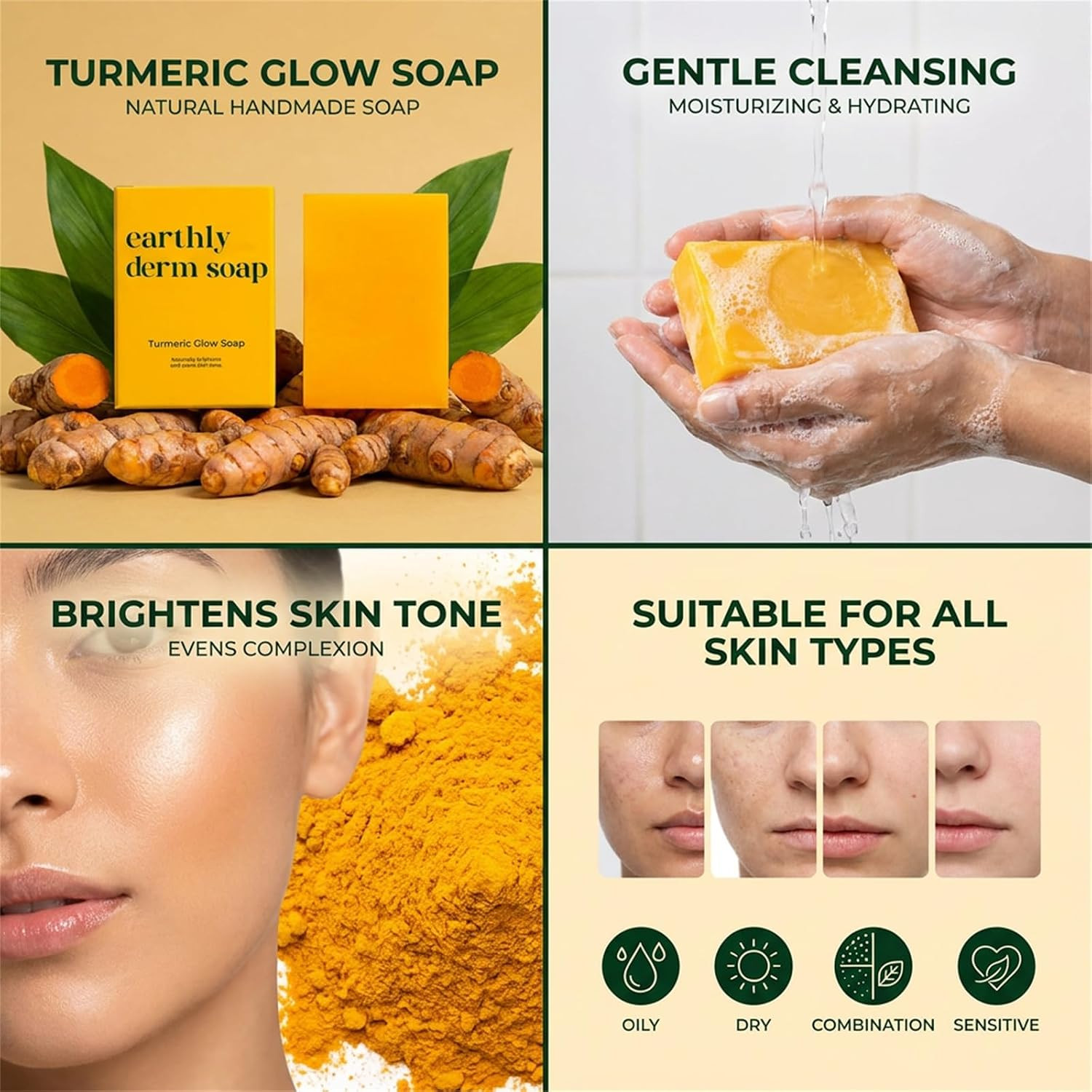 Earthly Derm Turmeric Glow Soap, Handmade Turmeric Cleansing Soap, Body Skin Car