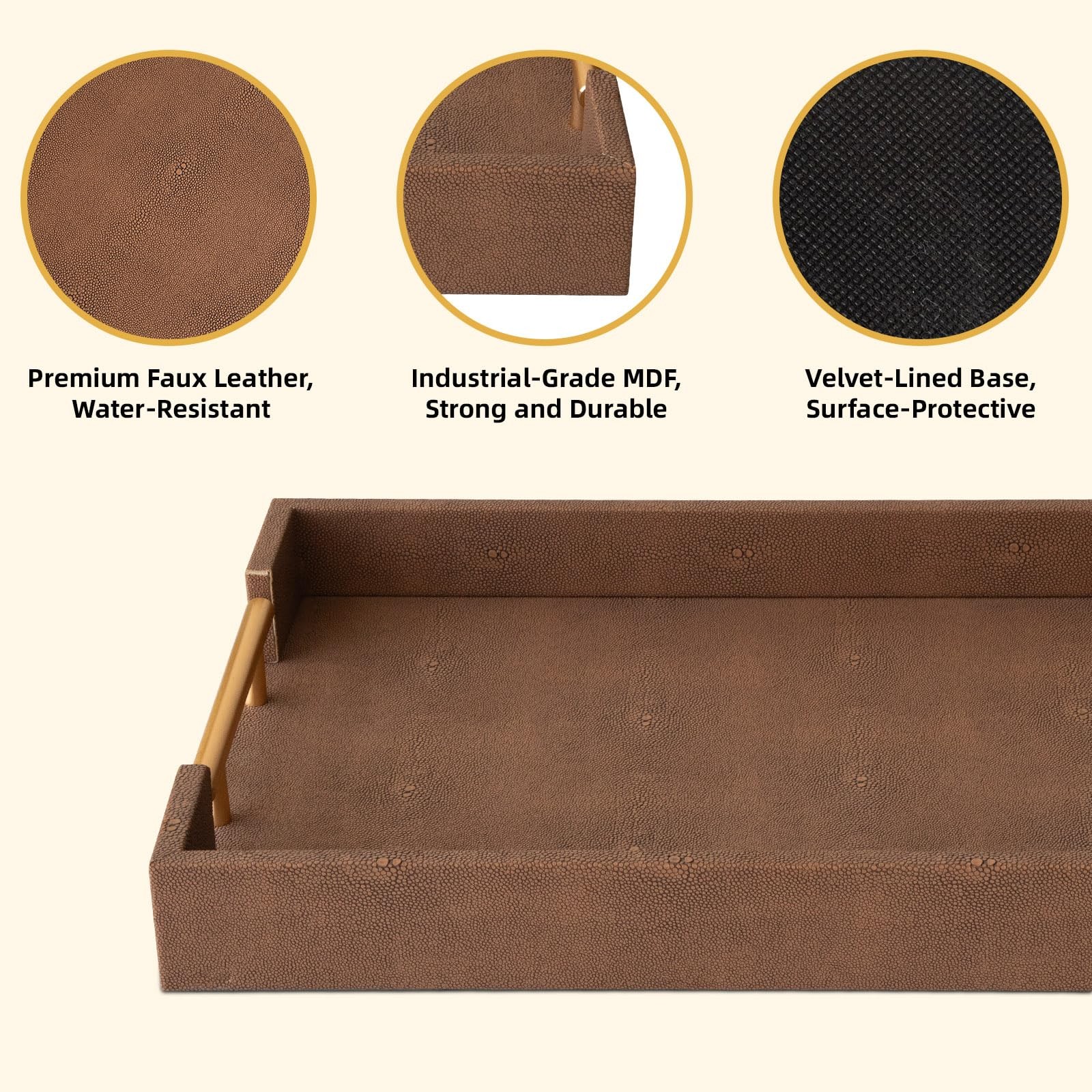 UPPER DECOR Set of 2 Decorative Tray Brown Shagreen Leather Tray, Modern Rectang