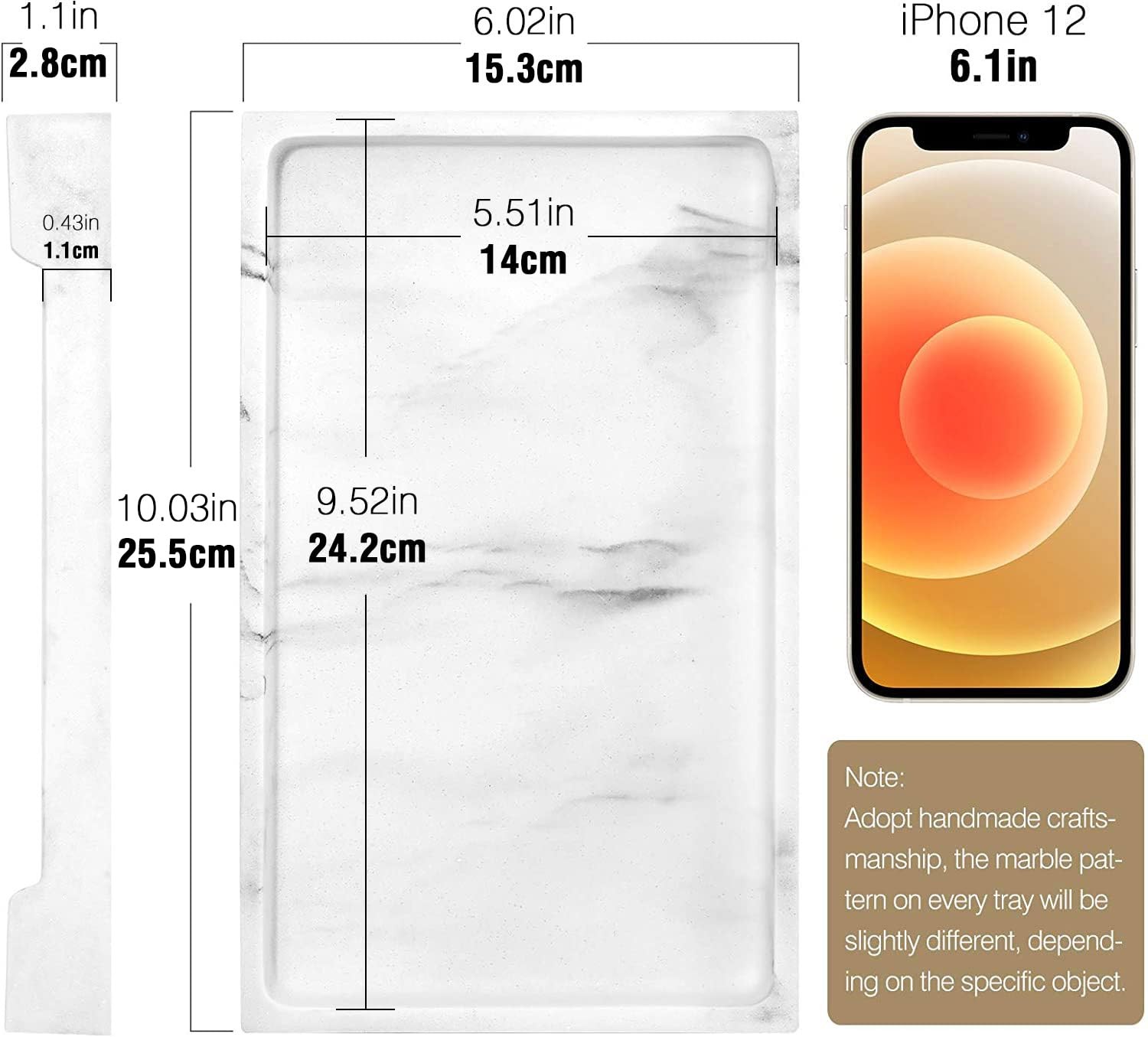 Luxspire Bathroom Vanity Tray, 10 x 6 inch Marble Bathroom Perfume Tray Dresser
