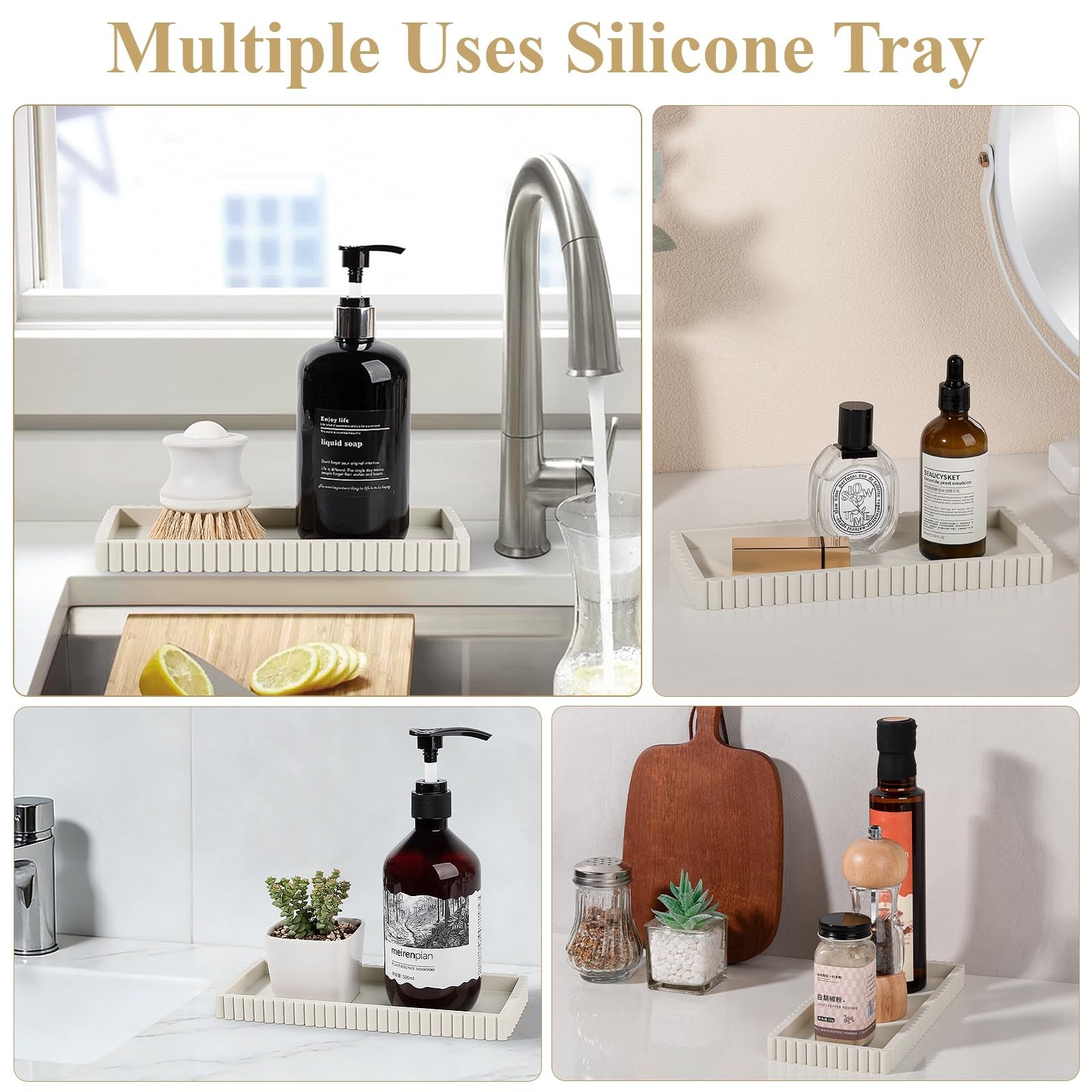 Silicone Bathroom Tray Small Vanity Organizer Rectangle Sink Caddy Sponge Hol…