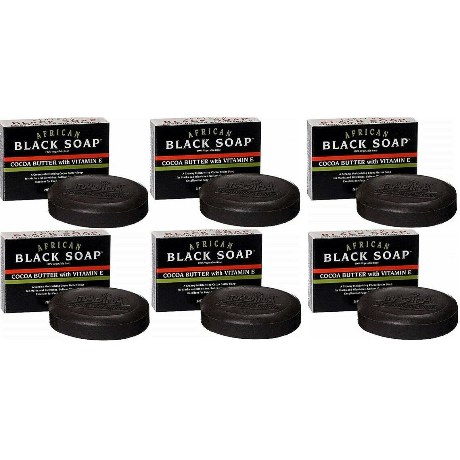 Madina African Black Soap Cocoa Butter with Vitamin E, 3.5 OZ Vegan 6 or 12 Pack