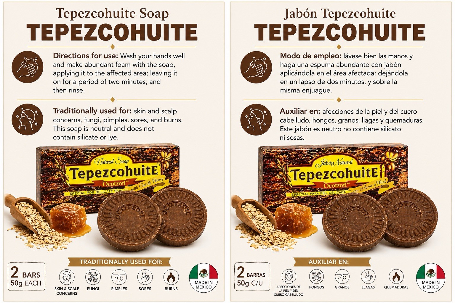 MIMOSA TENUIFLORA HERBAL SOAP JABON DE TEPEZCOHUITE 100GRS 100% Natural (2 Pack)