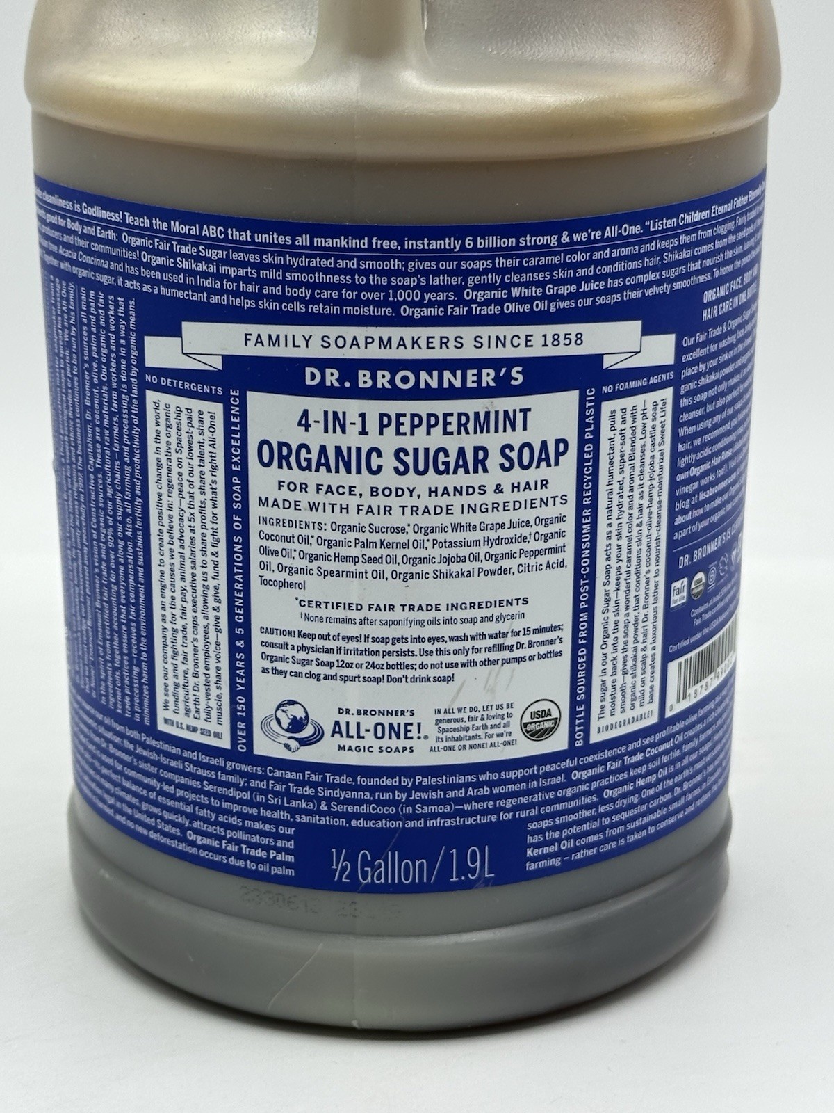 DR.BRONNER’S ORGANIC SUGAR SOAP 4 IN 1 PEPPERMINT {1/2 GALLON ,1.9 L}
