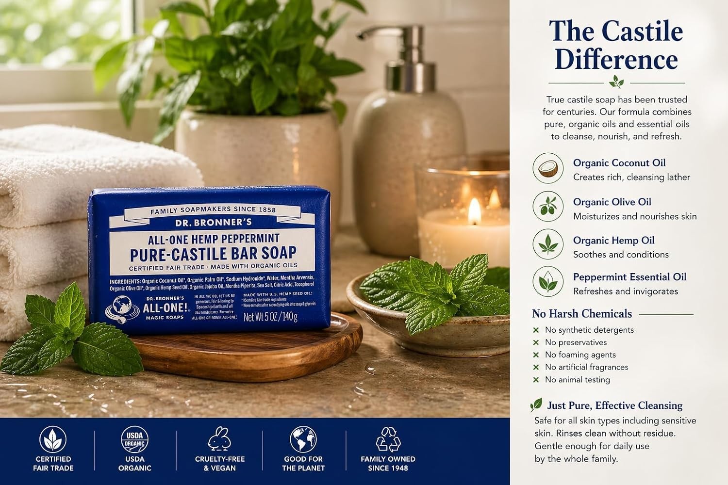 Dr Bronner’s Pure Castille Peppermint Bar Soap, 5 Ounce Pack of 6
