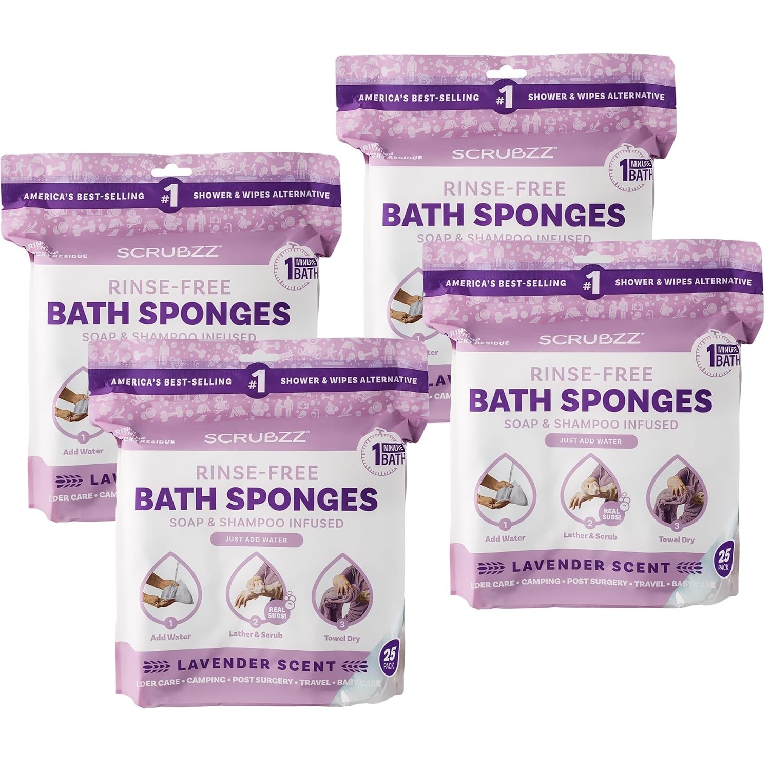 Lavender Rinse-Free Bath Sponge Wipes Water-Activated No Rinse Adult Washcloths