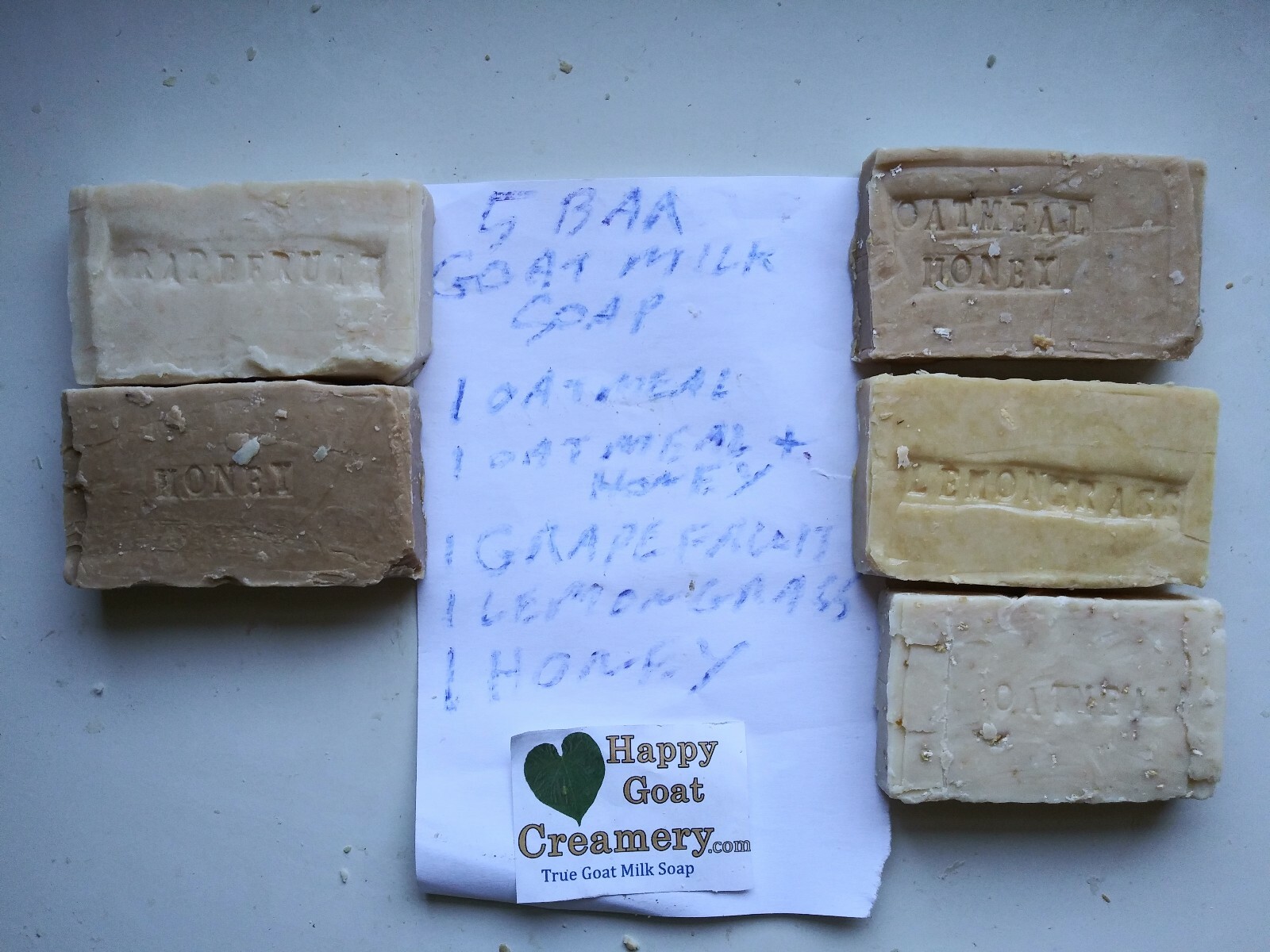 5 BARS LEMONGRASS OATMEAL HONEY GRAPEFRUIT GOAT MILK SOAP HAPPY GOAT CREAMERY