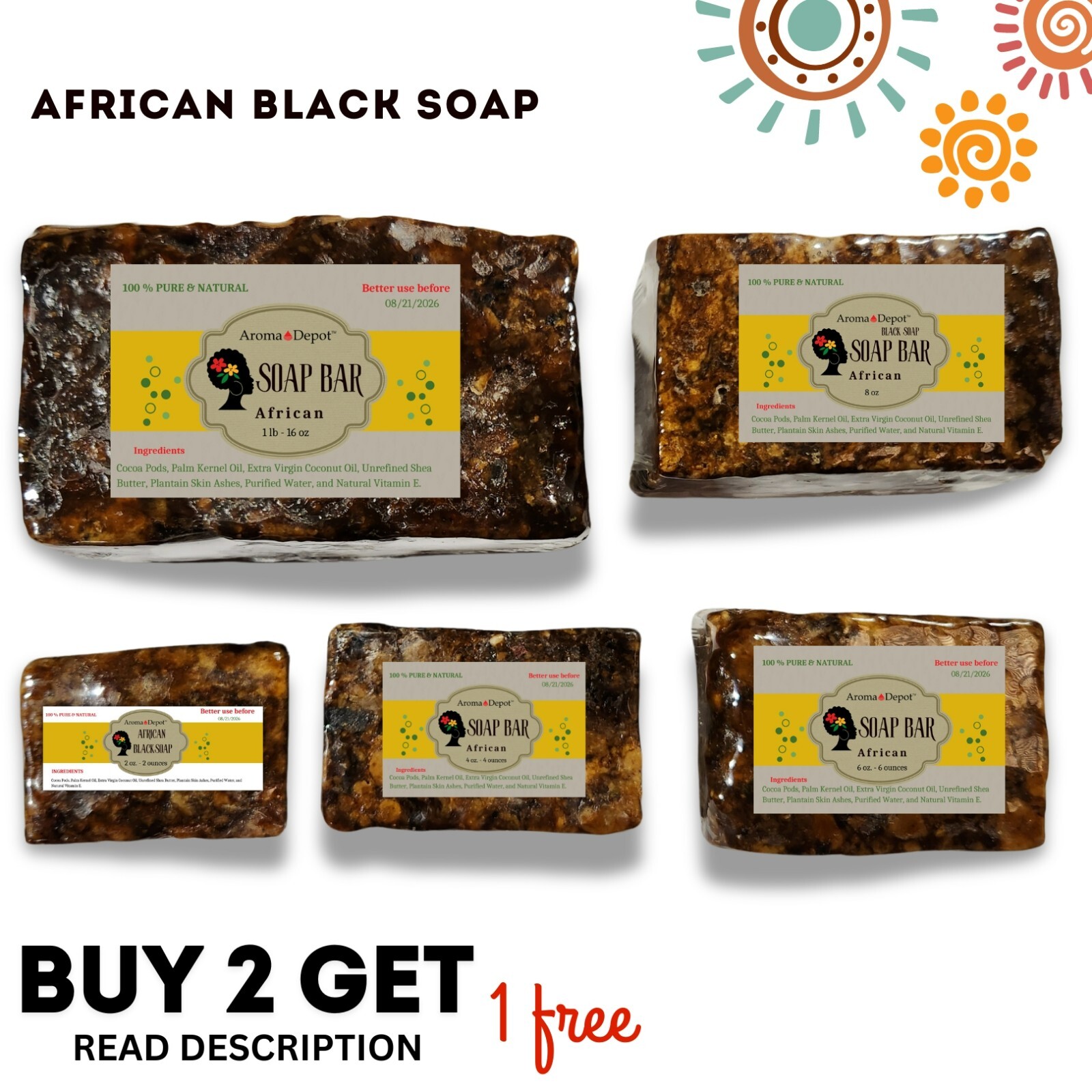 African Black Soap Bar 6 oz. Organic Raw Natural Soap Skin Body Hair Face Wash