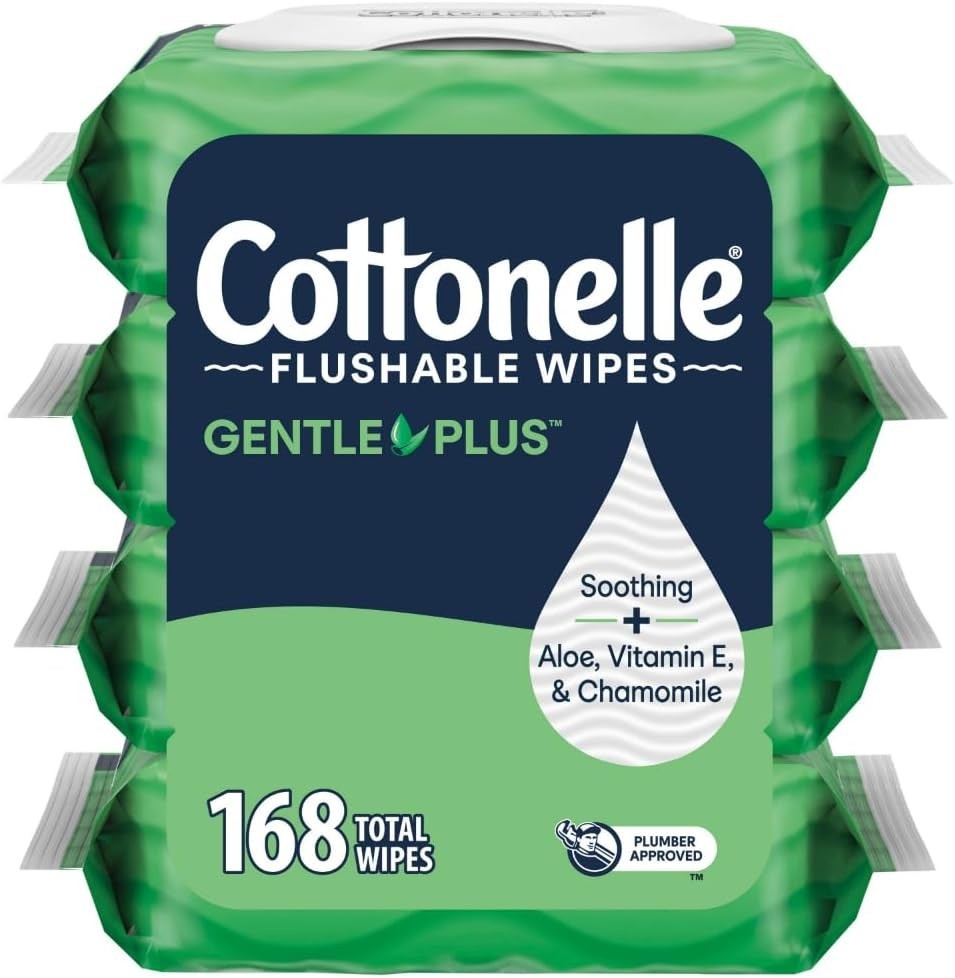 Cottonelle GentlePlus Flushable Wet Wipes, 4 Flip-Top Packs 168 Total Flushable.