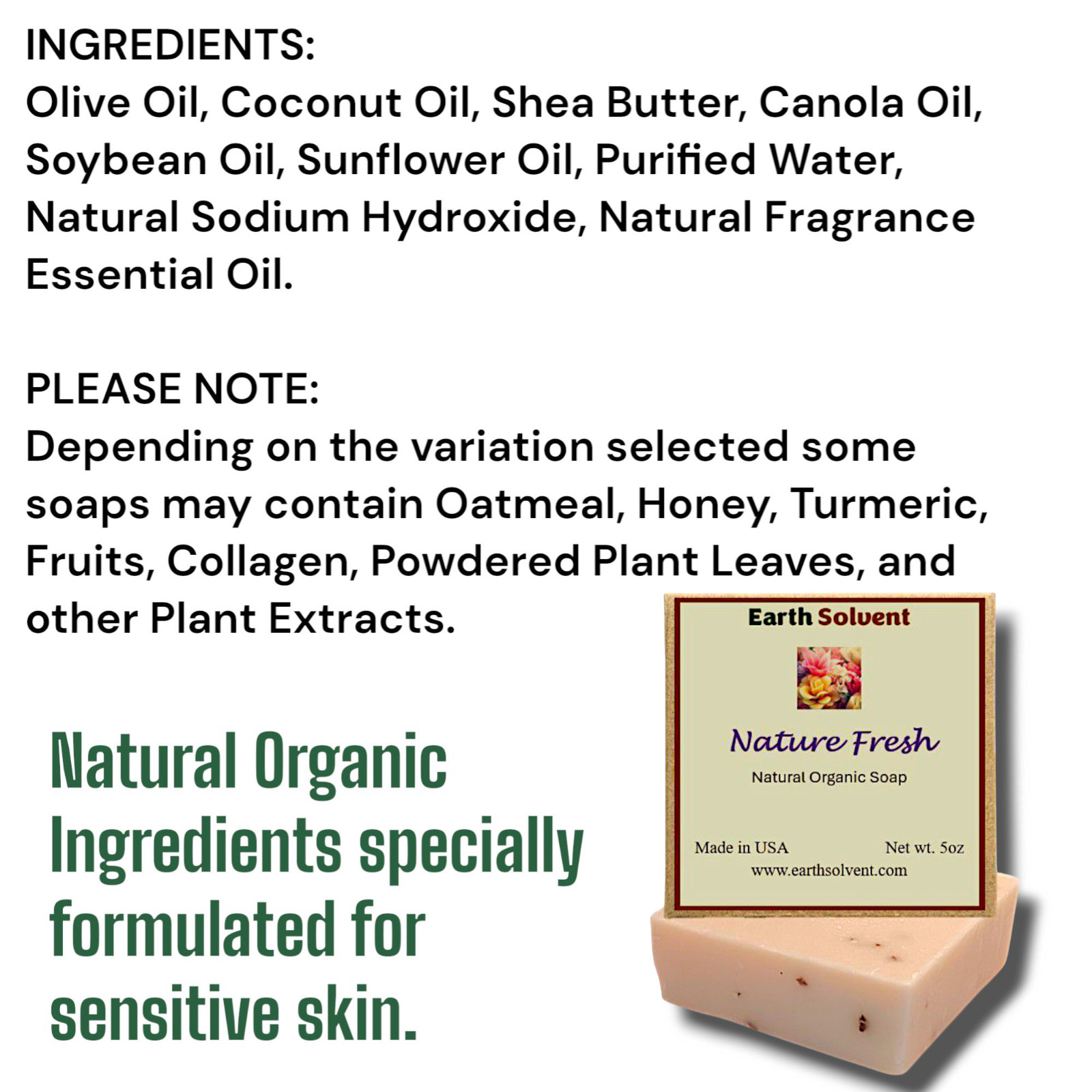 BUY 2 & Get 1 FREE Earth Solvent Natural Organic Bar Soap For Sensitive Skin 5oz