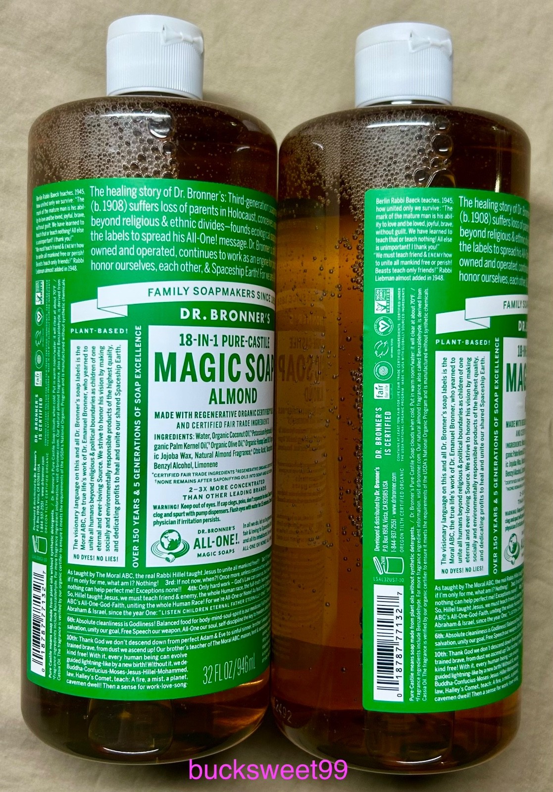 DR. BRONNER”S 18-In-1 ALMOND Pure-Castile MAGIC Soap – 32 fl oz each – 2-PACK
