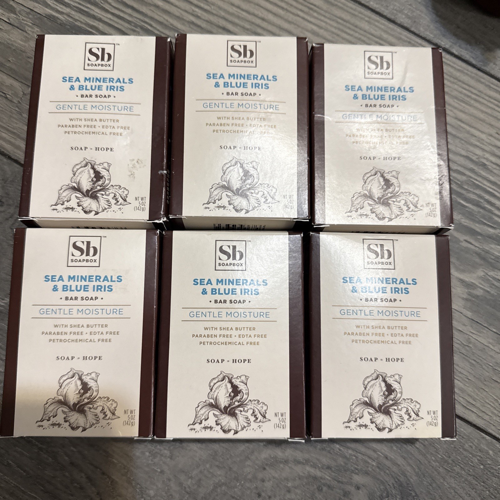 6 Pack SOAPBOX Sea Minerals And Blue Iris Full Size Bar Soap 5oz Each New
