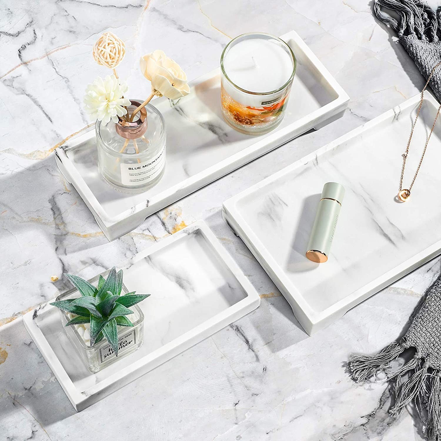 Luxspire Bathroom Vanity Tray, 10 x 6 inch Marble Bathroom Perfume Tray Dresser