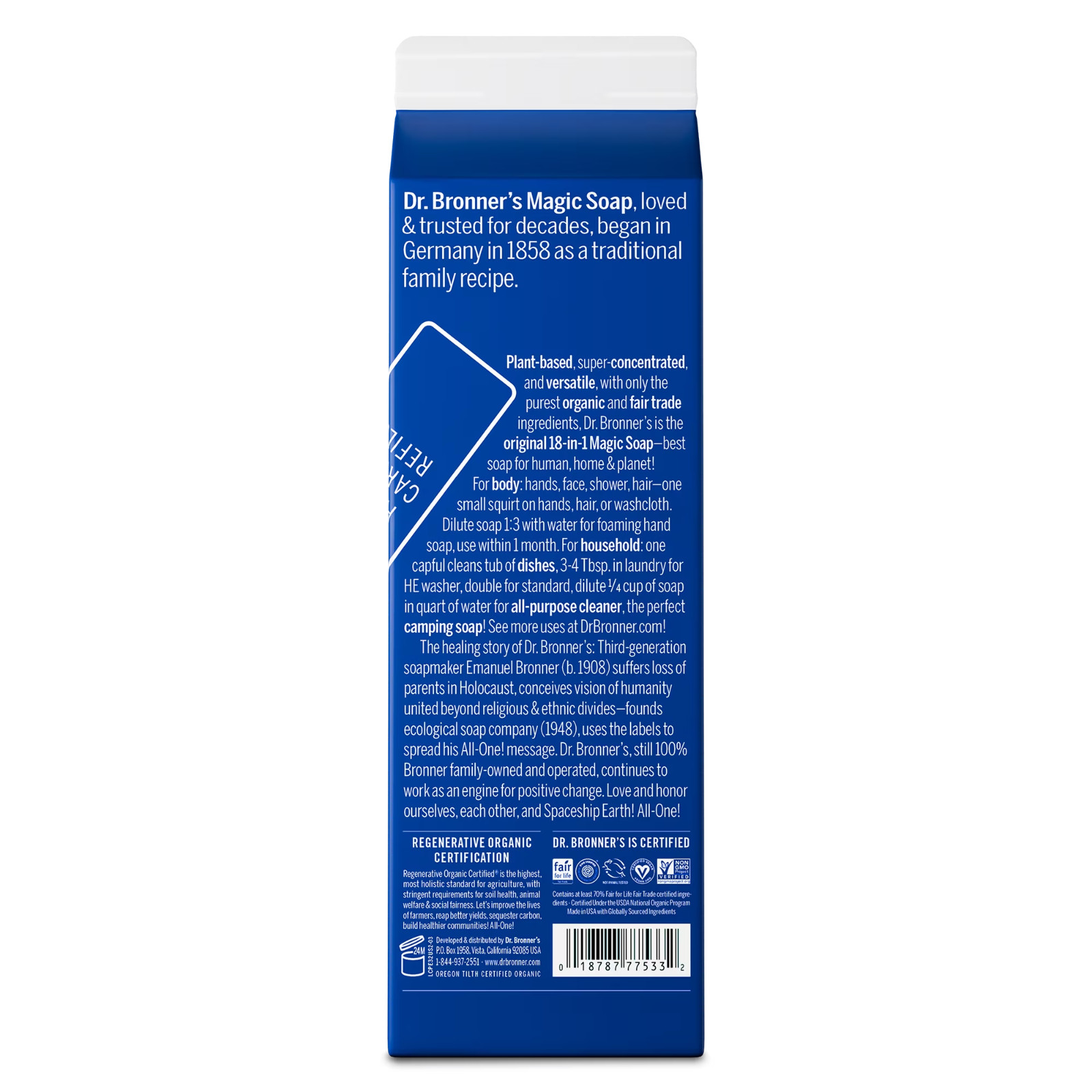 Dr. Bronner’s Peppermint Pure-Castile Liquid Soap, 32 oz, Refill Carton, 2 Pack