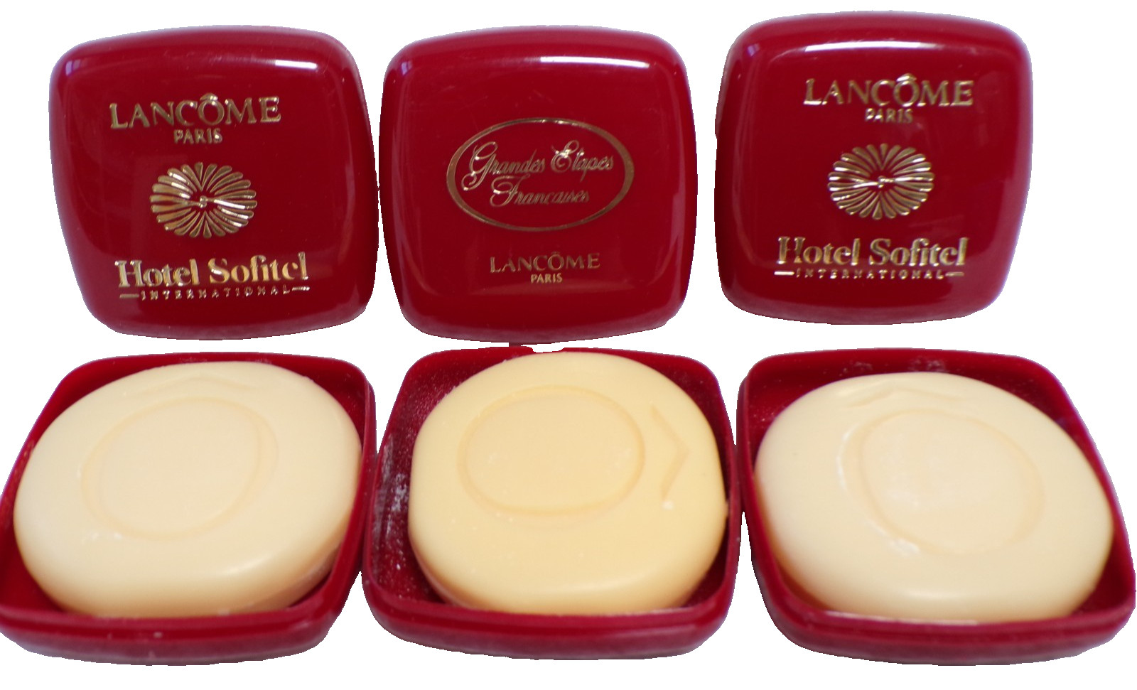 3 NEW LANCOME MINI HAND SOAP TRAVEL SIZE BARS + PLASTIC HOTEL SOFITEL HARD CASES