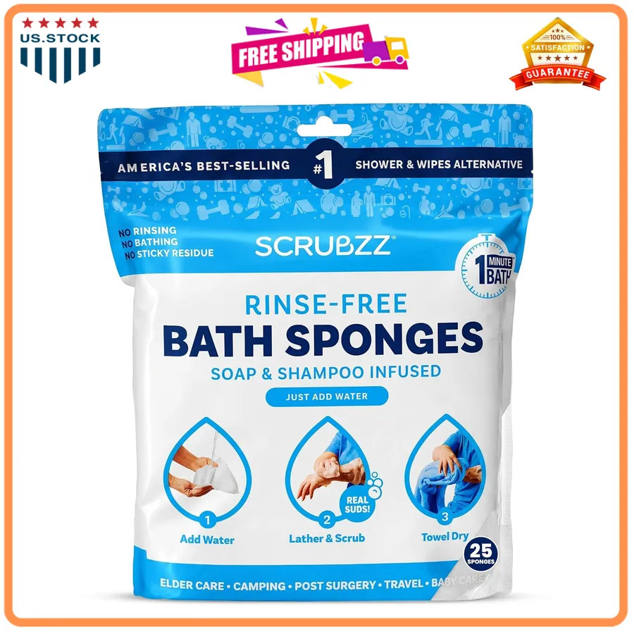 Scrubzz Disposable Rinse Free Bathing Wipes 25 Pack No Water Needed Shower Wipes