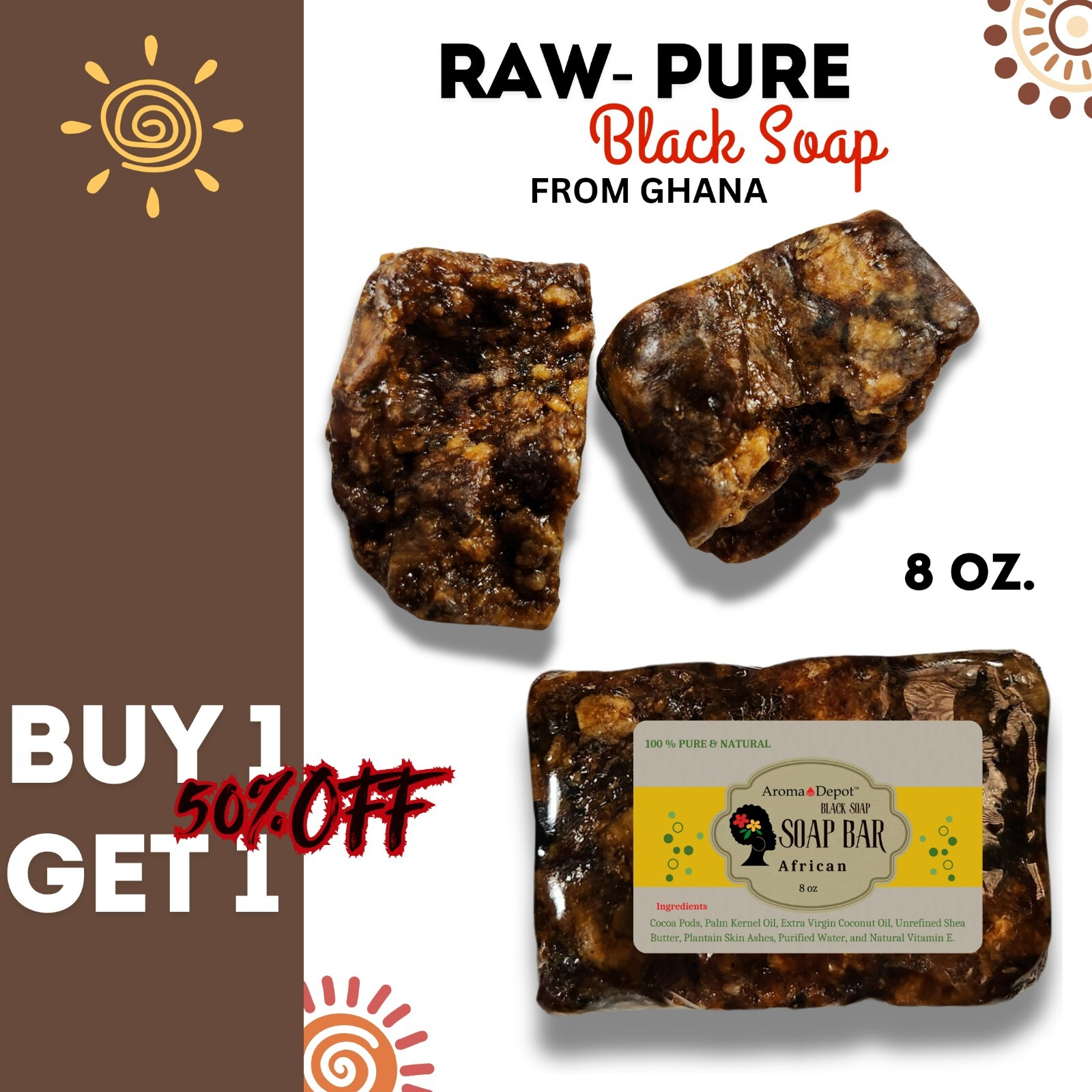 Raw African Black Soap 8oz 100% Pure Organic Unrefined Ghana Face Body Wash Bulk