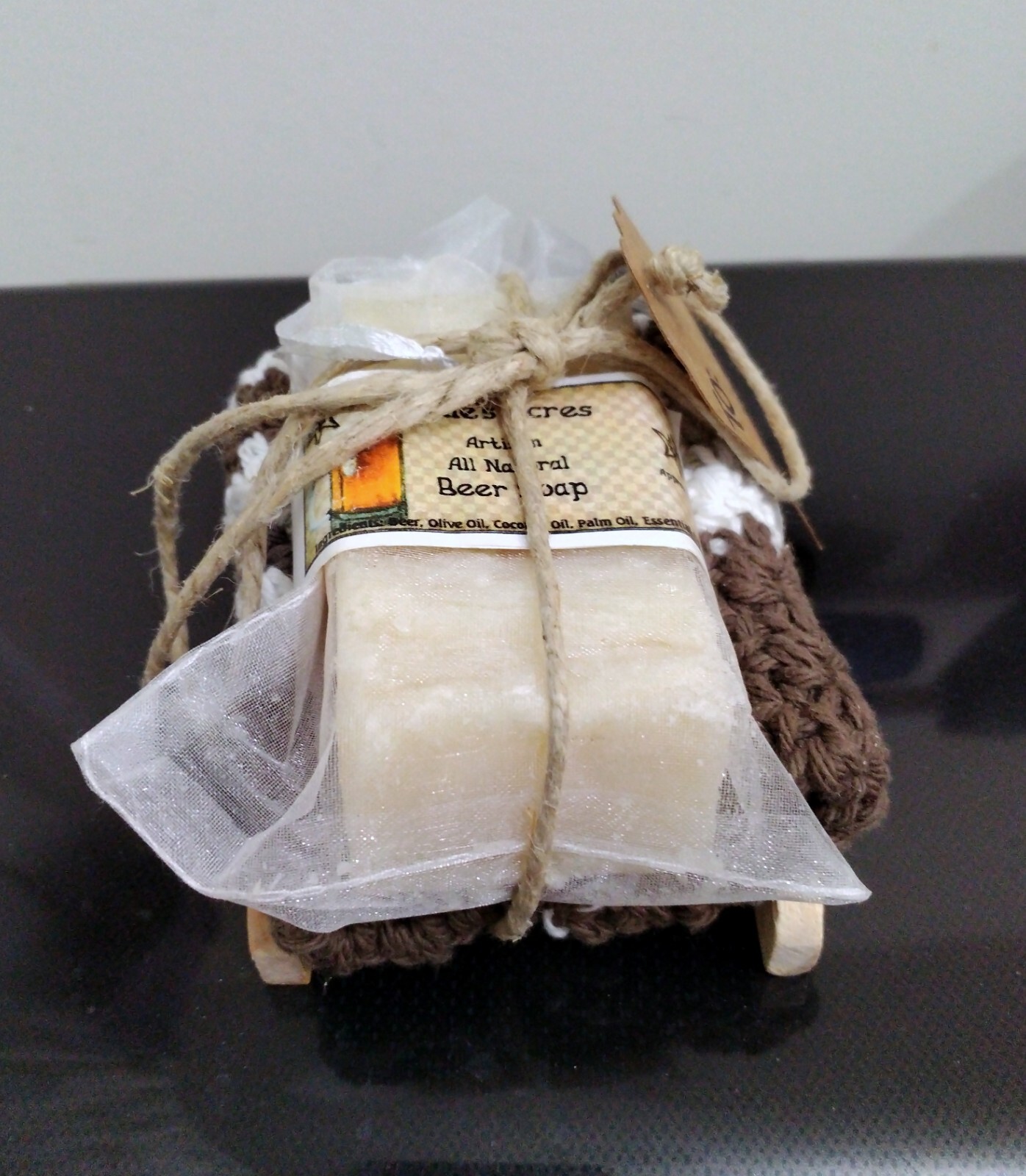 Beer Soap with Hand Made Wash Cloth & Wooden Soap Tray