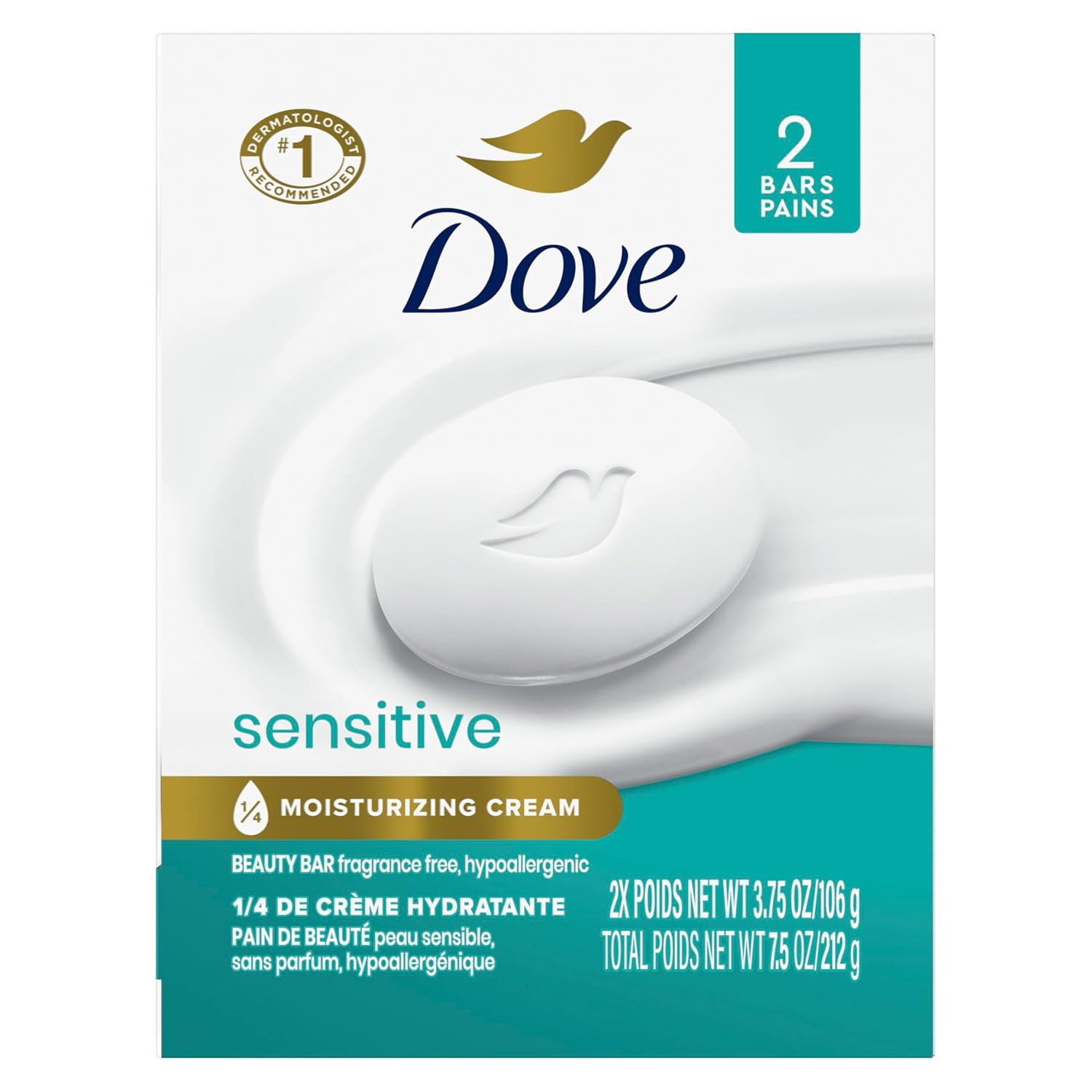 Dove Beauty Bar Soap Sensitive, 8 Bars for Sensitive Skin, Fragrance Free and Hy
