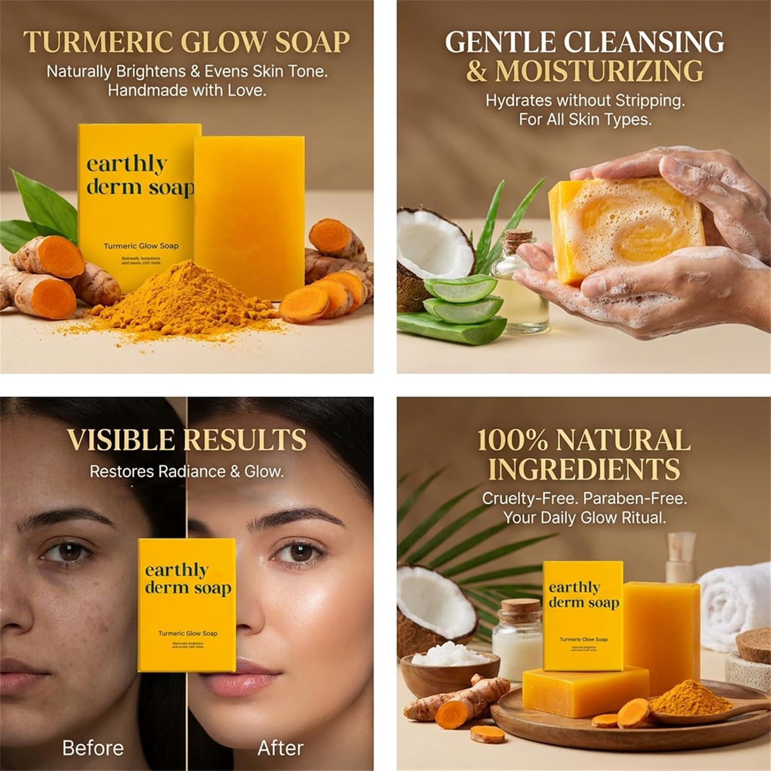 Earthly Derm Turmeric Glow Soap, Handmade Turmeric Cleansing Soap, Body Skin Car