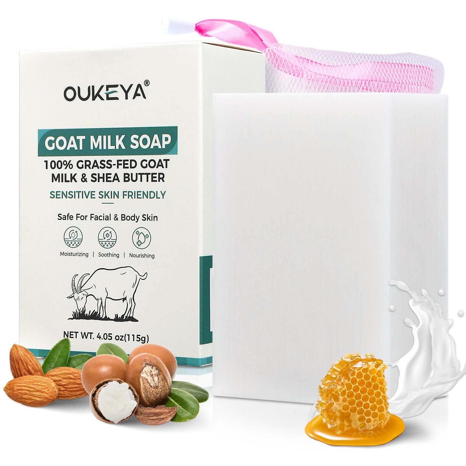 OUKEYA Goats Milk Soap Bar Bath Moisturizing, For Exfoliating &Brightening 115g
