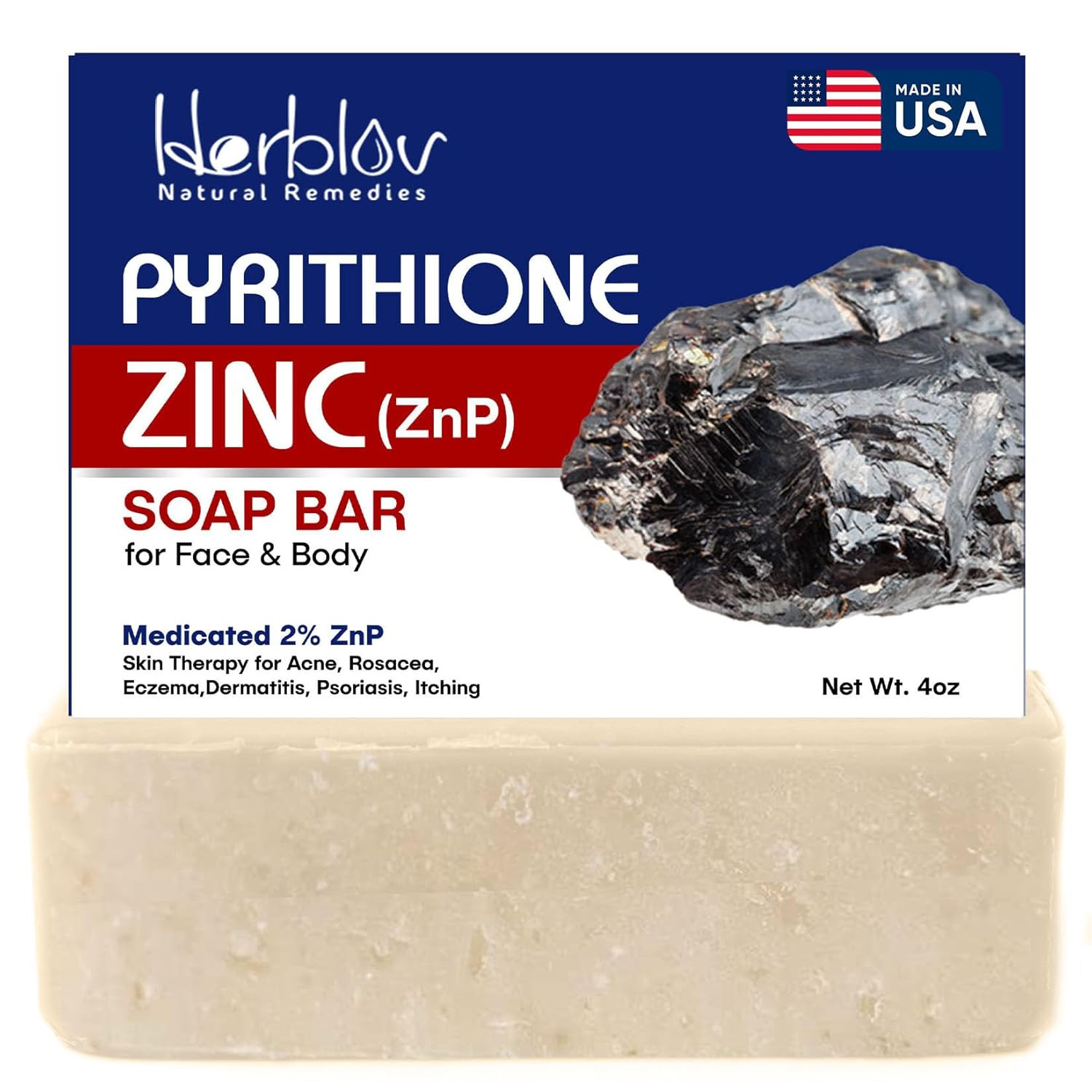 Pyrithione Zinc Soap Bar for Face & Body, 4Oz | 2% Znp Bar Soap Skin Therapy Cle