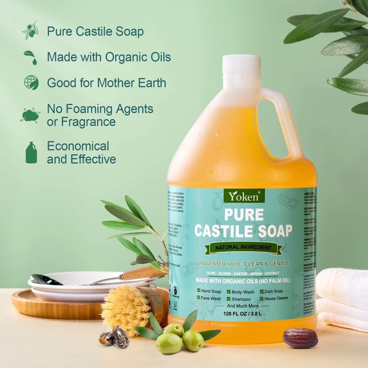 Yoken Castile Soap Liquid 1 Gallon Unscented EWG Verified Vegan Multi-Use