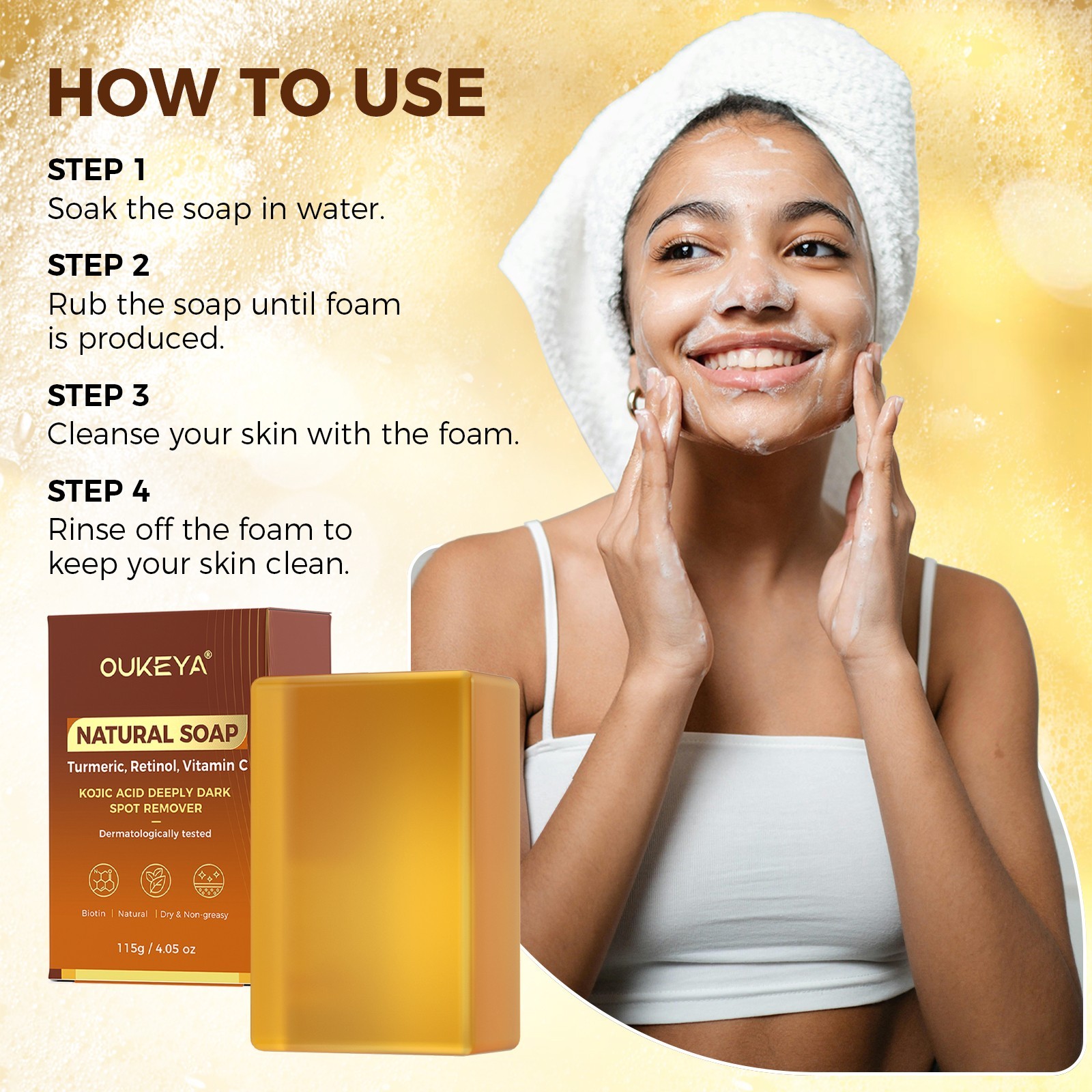 OUKEYA Turmeric Soap Bar For Dark Spot Remover with Retinol,Vitamin C,Kojic Acid