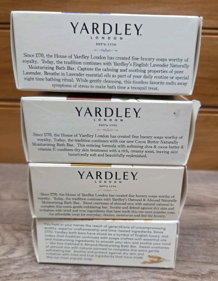 New Lot of 4 Yardley London Bar Soap Cocoa Butter, Lavender Oatmeal & Almond